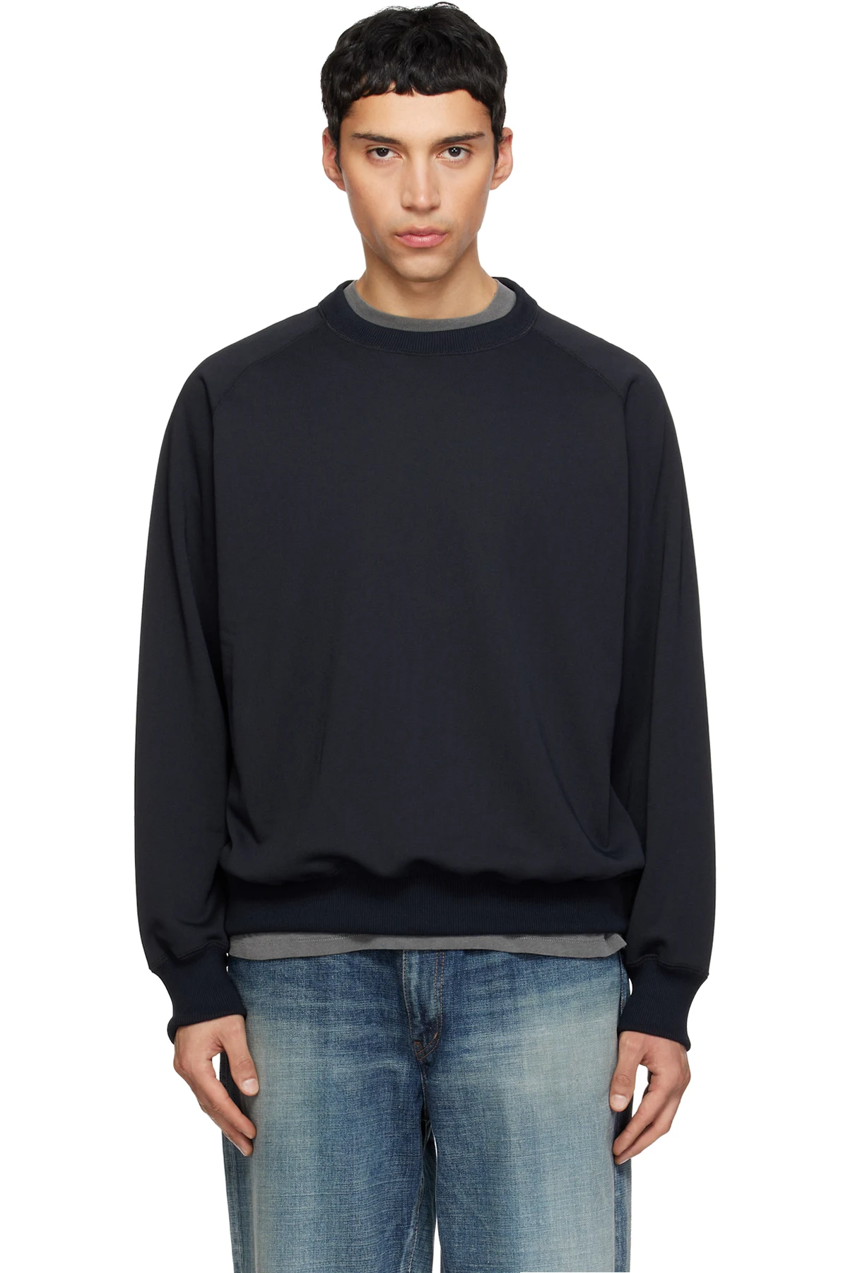 Black Polyester Pile Crew Neck Sweatshirt