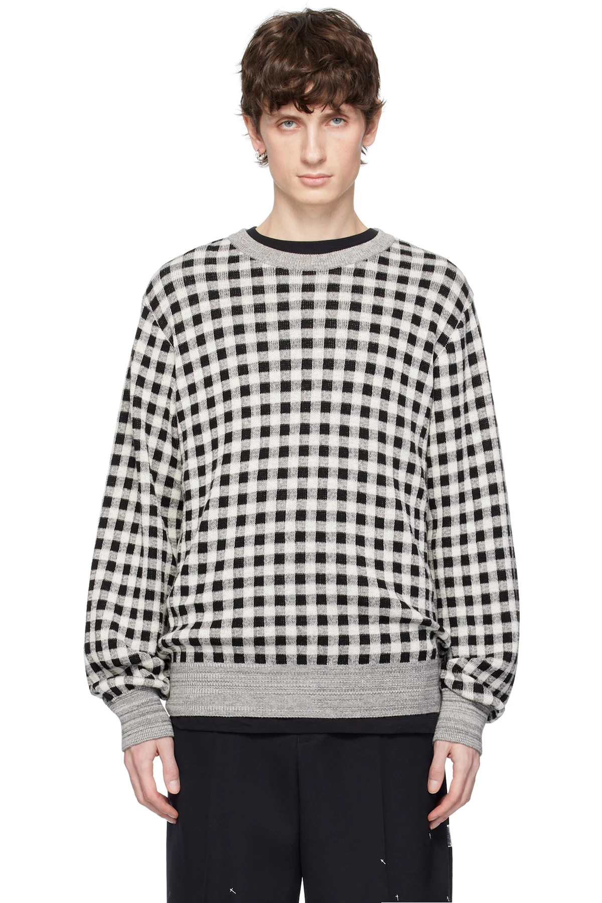 Gray & Off-White Regular Fit Jacquard Crew Neck Sweater