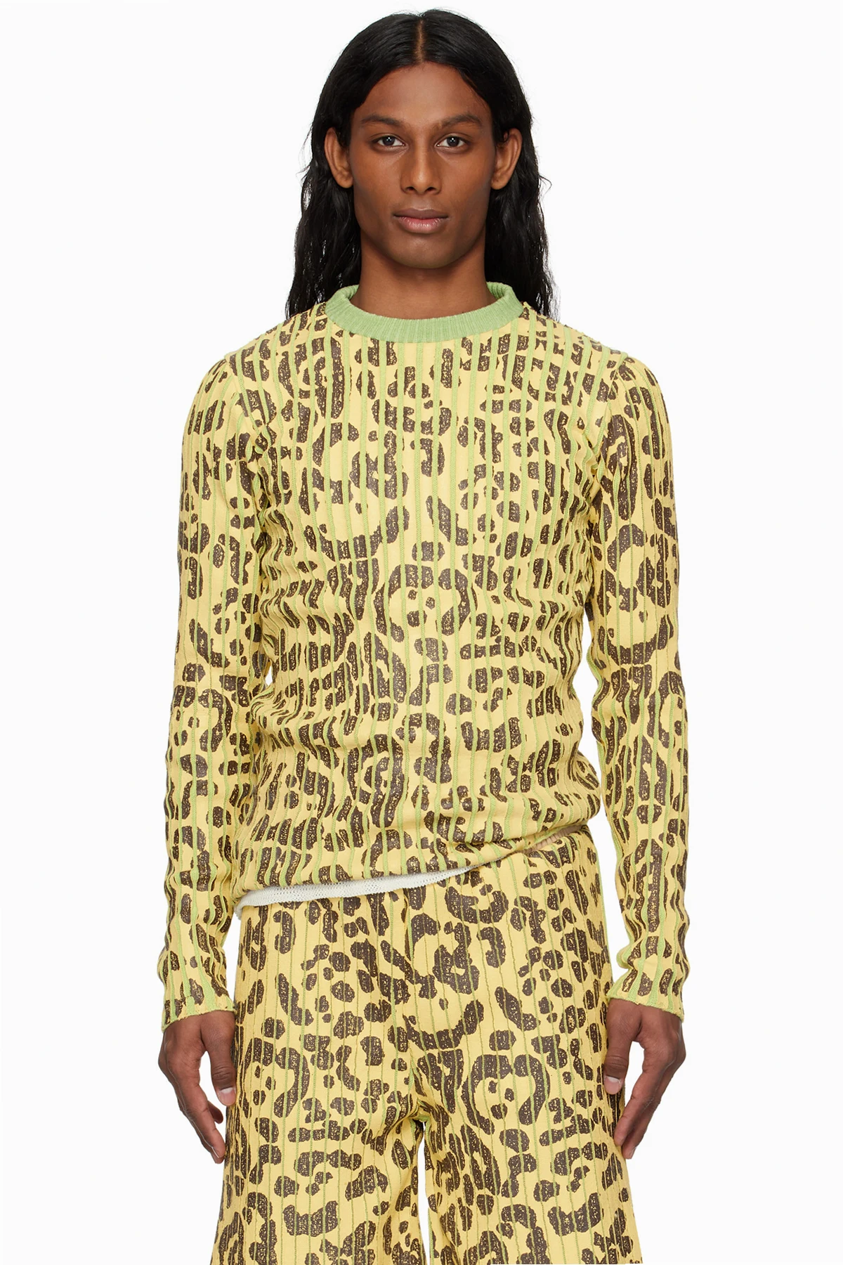 Yellow & Green Leopard Print Plated Knit Crewneck Sweater