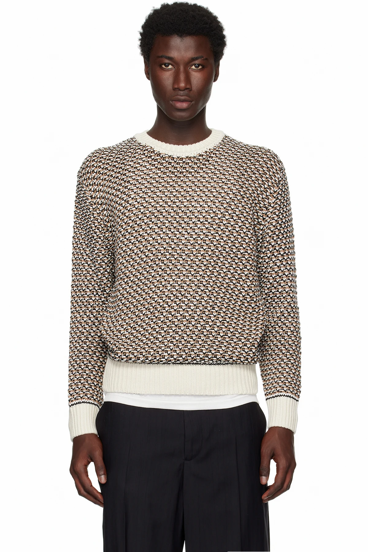Beige Cotton Rich Knitted Structure Sweater