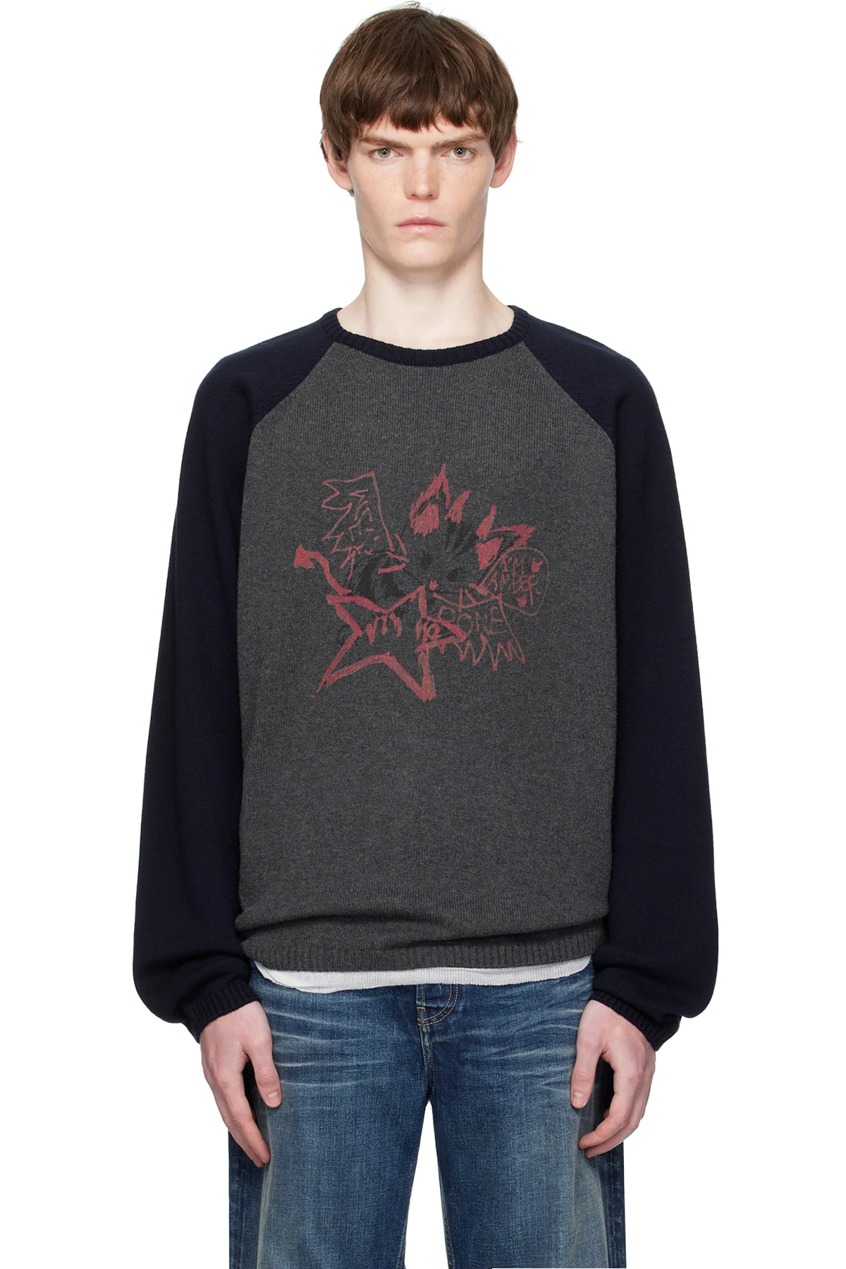 Gray & Navy Printed Raglan Knit Pullover Sweater