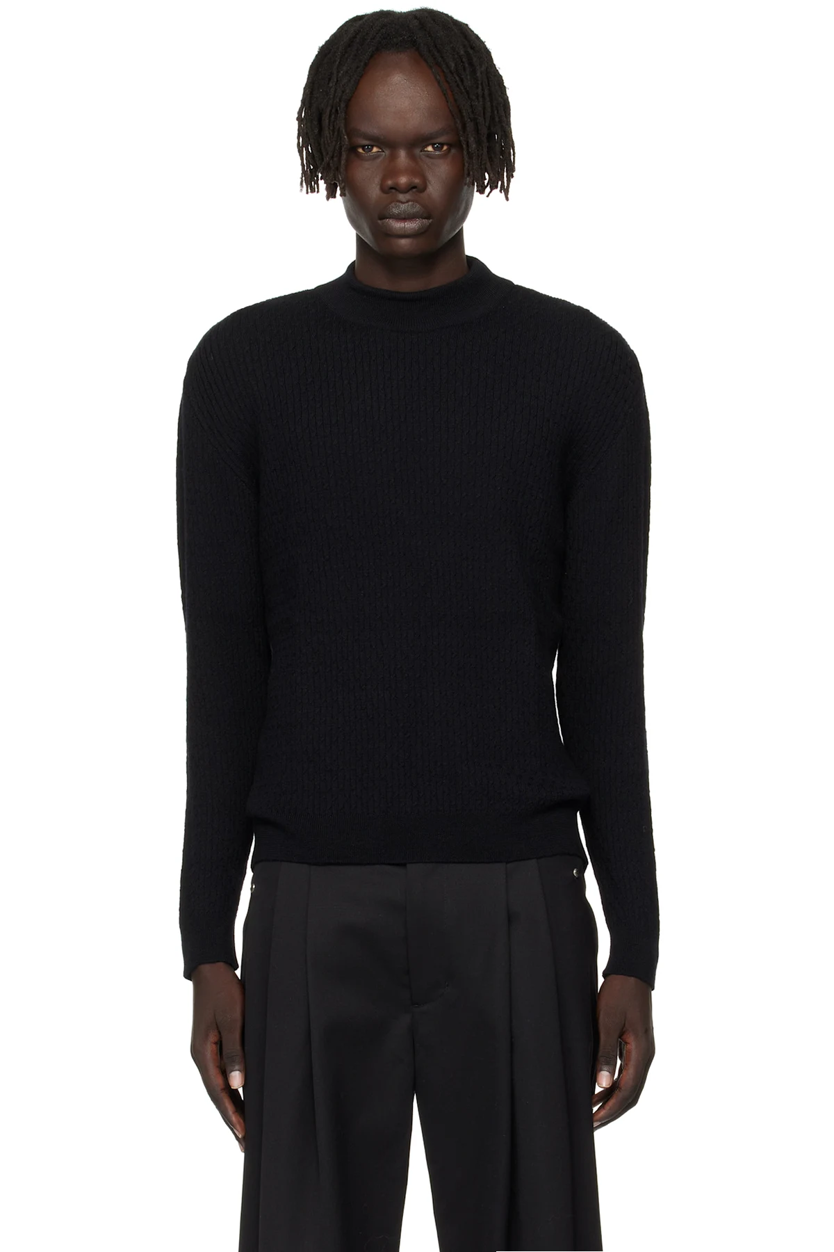 Black Mock Neck Cable-Knit Sweater