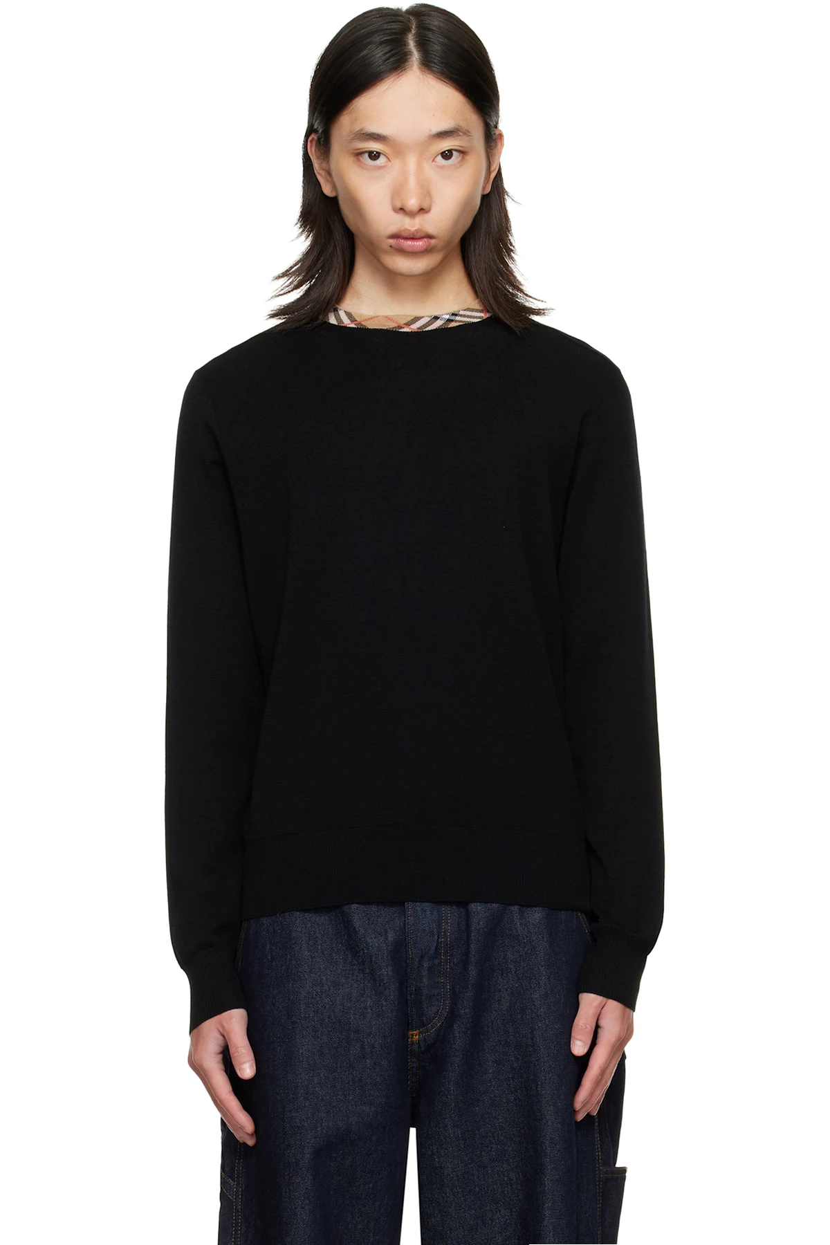 Black Check Trim Wool Sweater