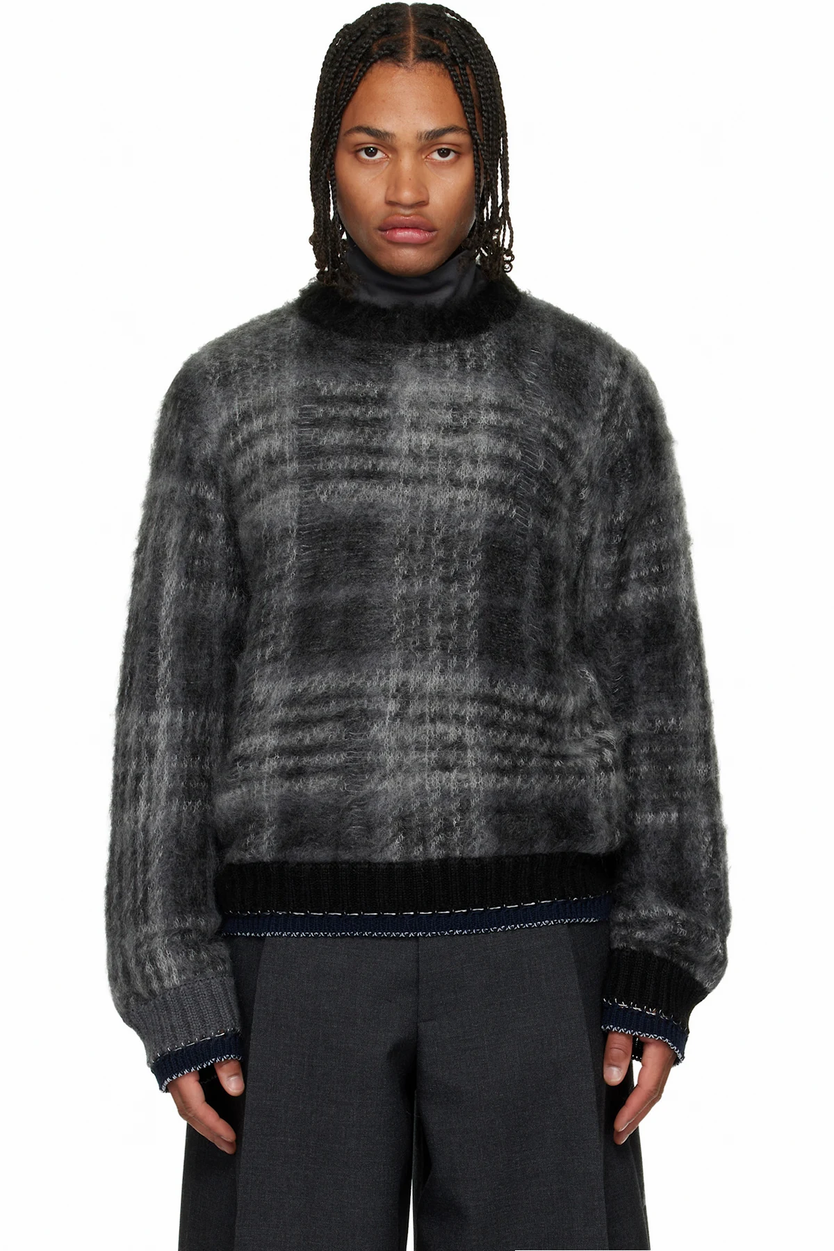 Gray Plaid Mohair Knit Sweater