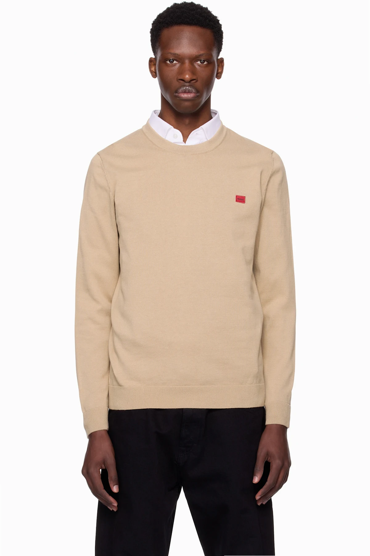 Beige Knitted Cotton Red Logo Label Sweater