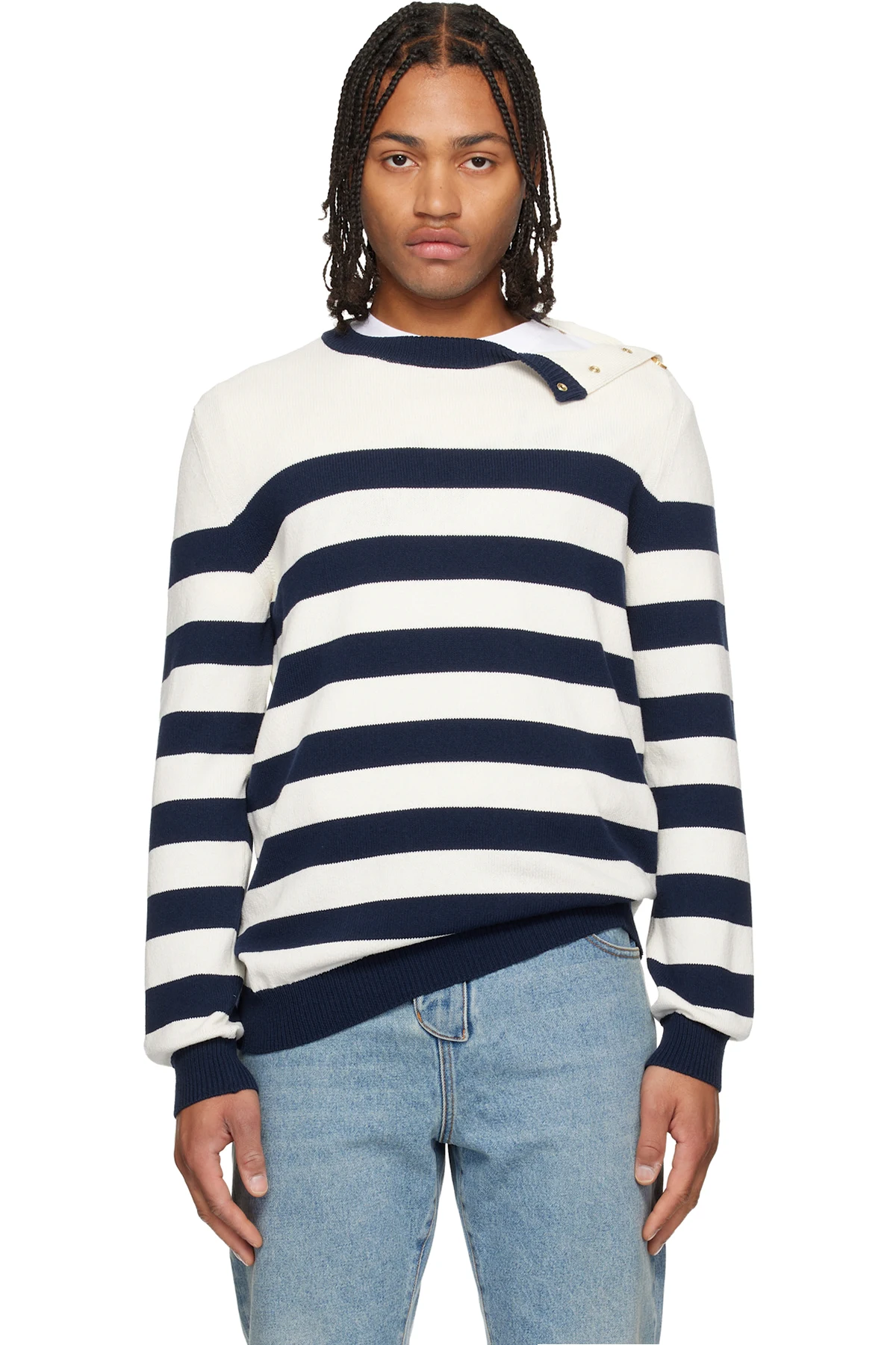White & Navy Buttoned Marinière Knit Sweater