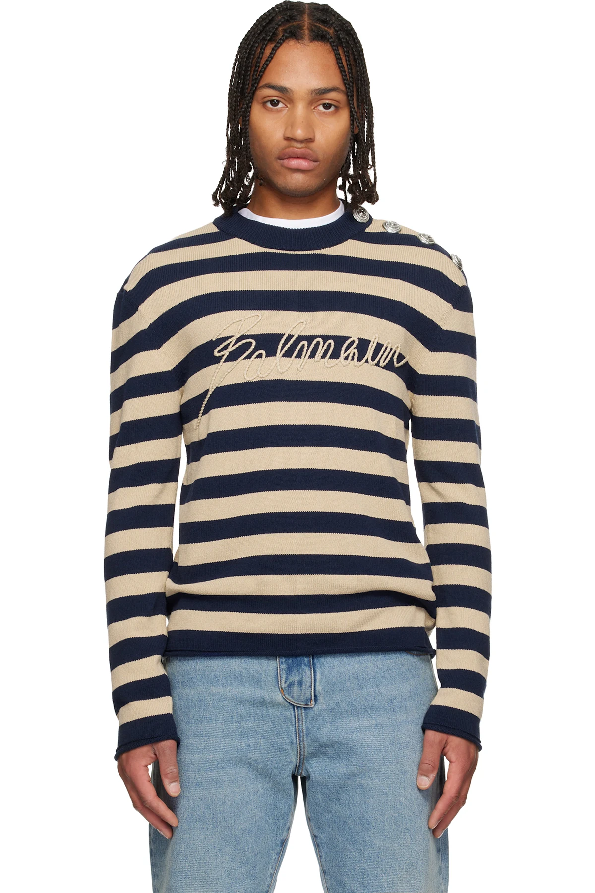 Navy & Beige 'Balmain' Logo Marinière Sweater