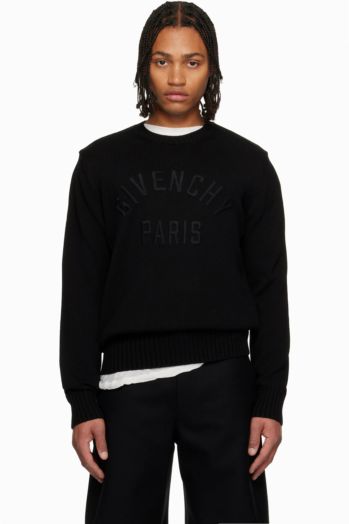 Black Cotton Knit 'GIVENCHY Paris' Embroidery Sweater