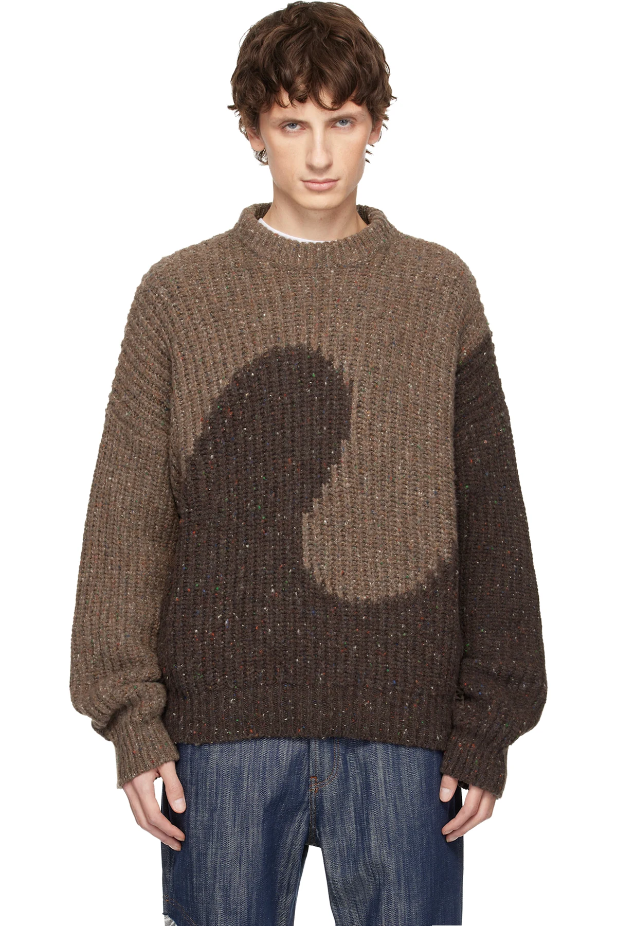Brown Knit Crewneck Swirl Sweater