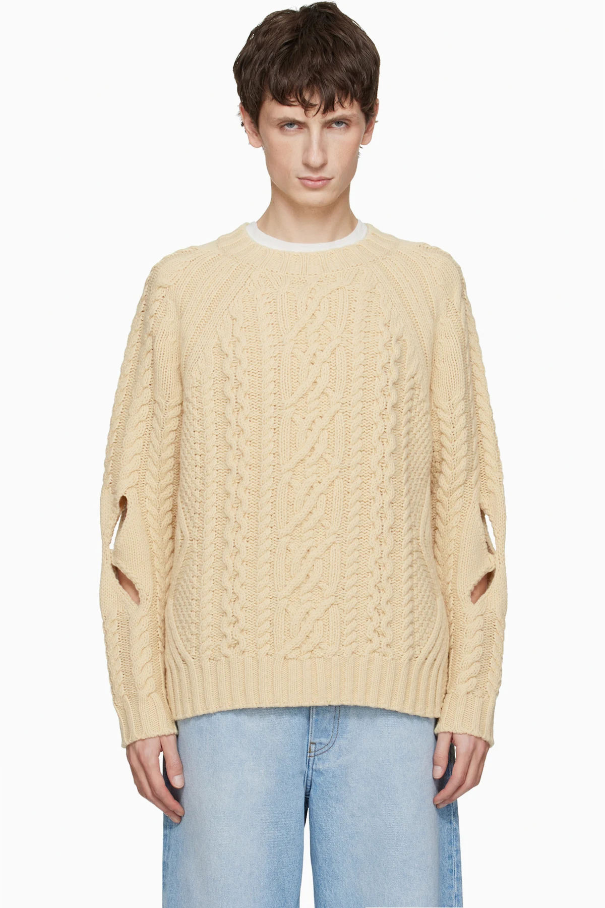 Beige Slashed Cable Sweater