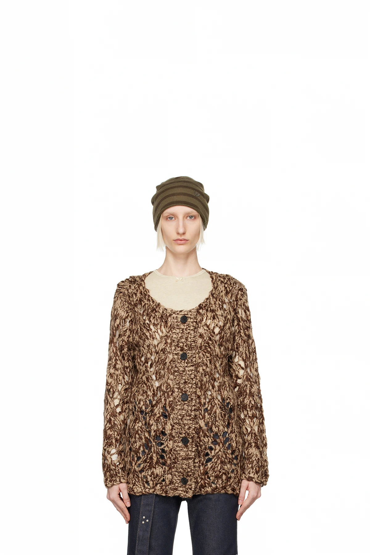 Brown Argyle Pointelle Cardigan