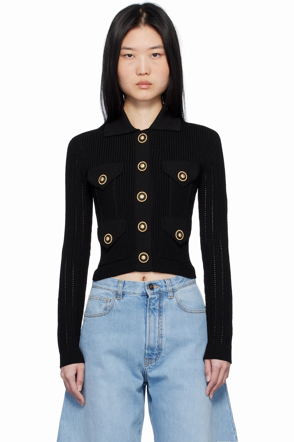 Black Cropped Ribbed Knit Cardigan