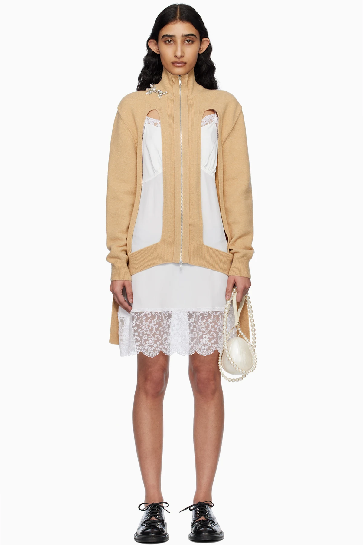 Beige Embellished Window Zip-Up Cardigan