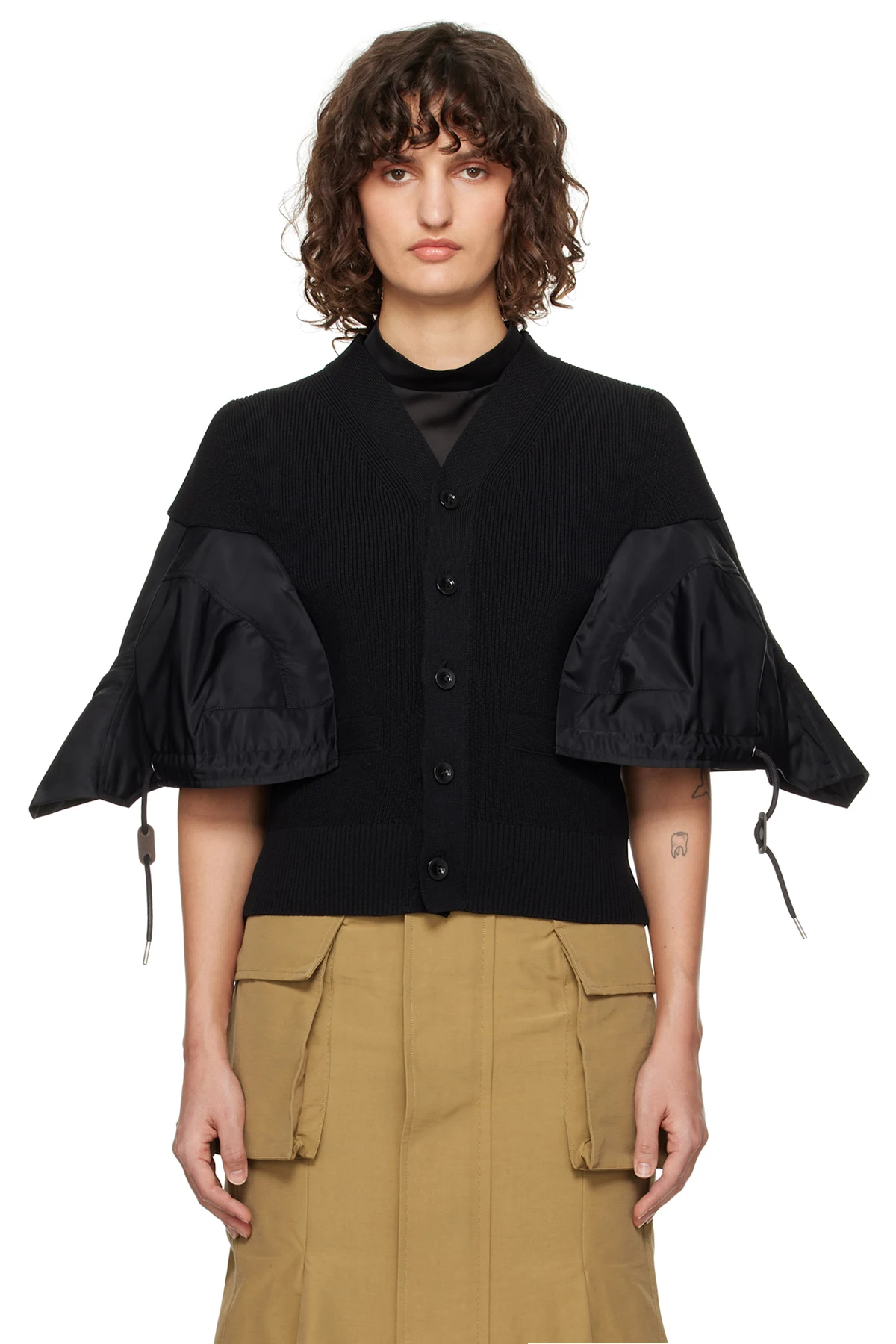 Black Nylon Twill & Knit Cardigan