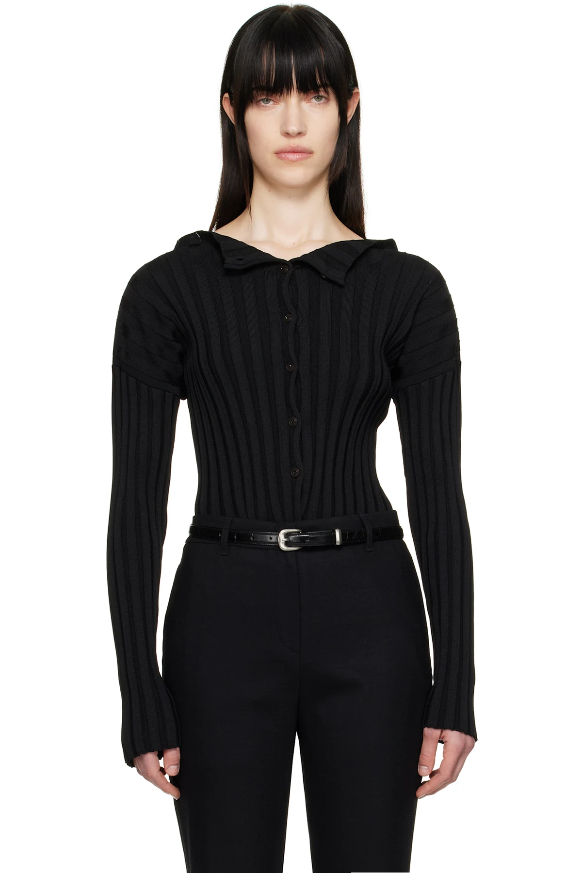 Black Ribbed Collarless Cardigan