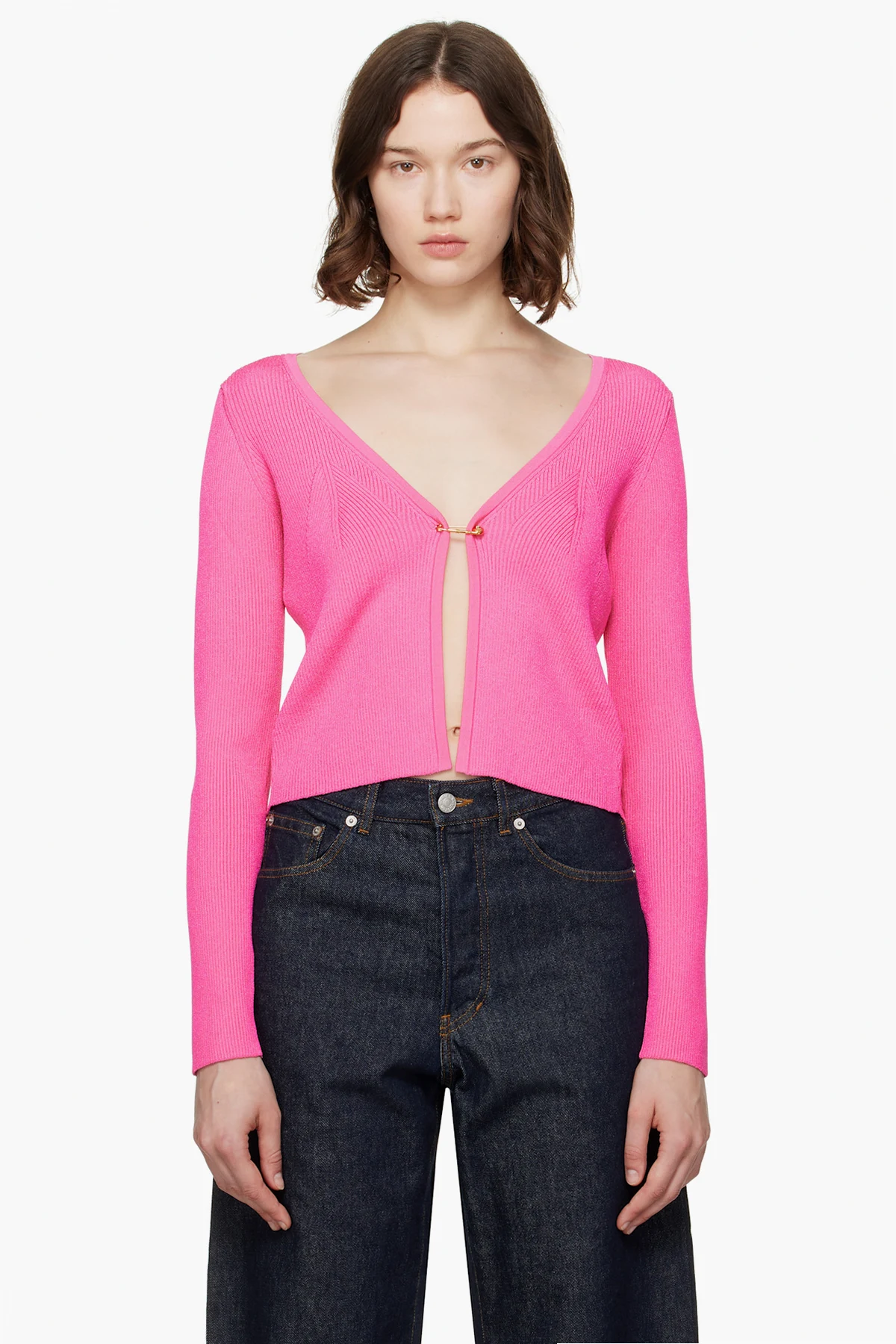 Pink Safety Pin Ribbed Knit Fitted Cardigan