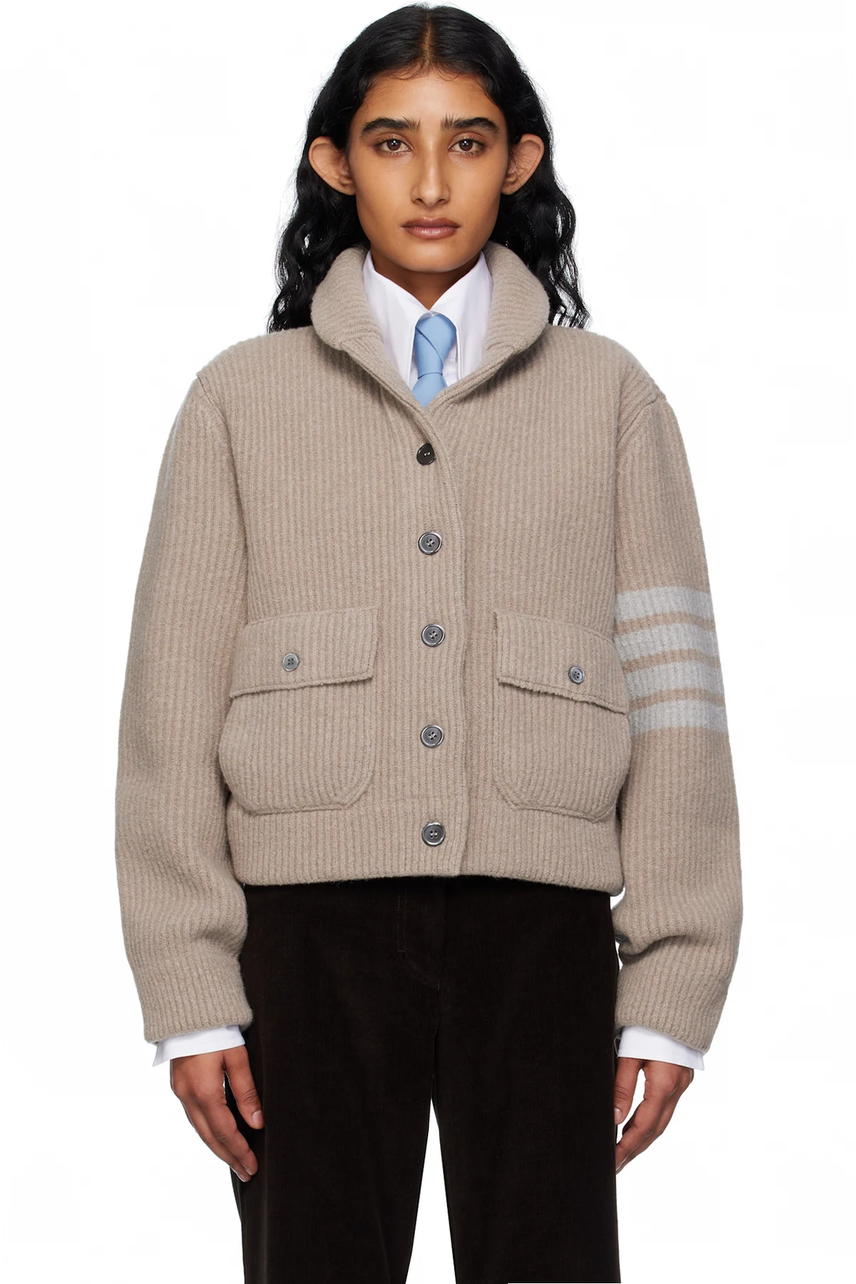 Beige Boiled Merino Wool 4-Bar Bomber Cardigan