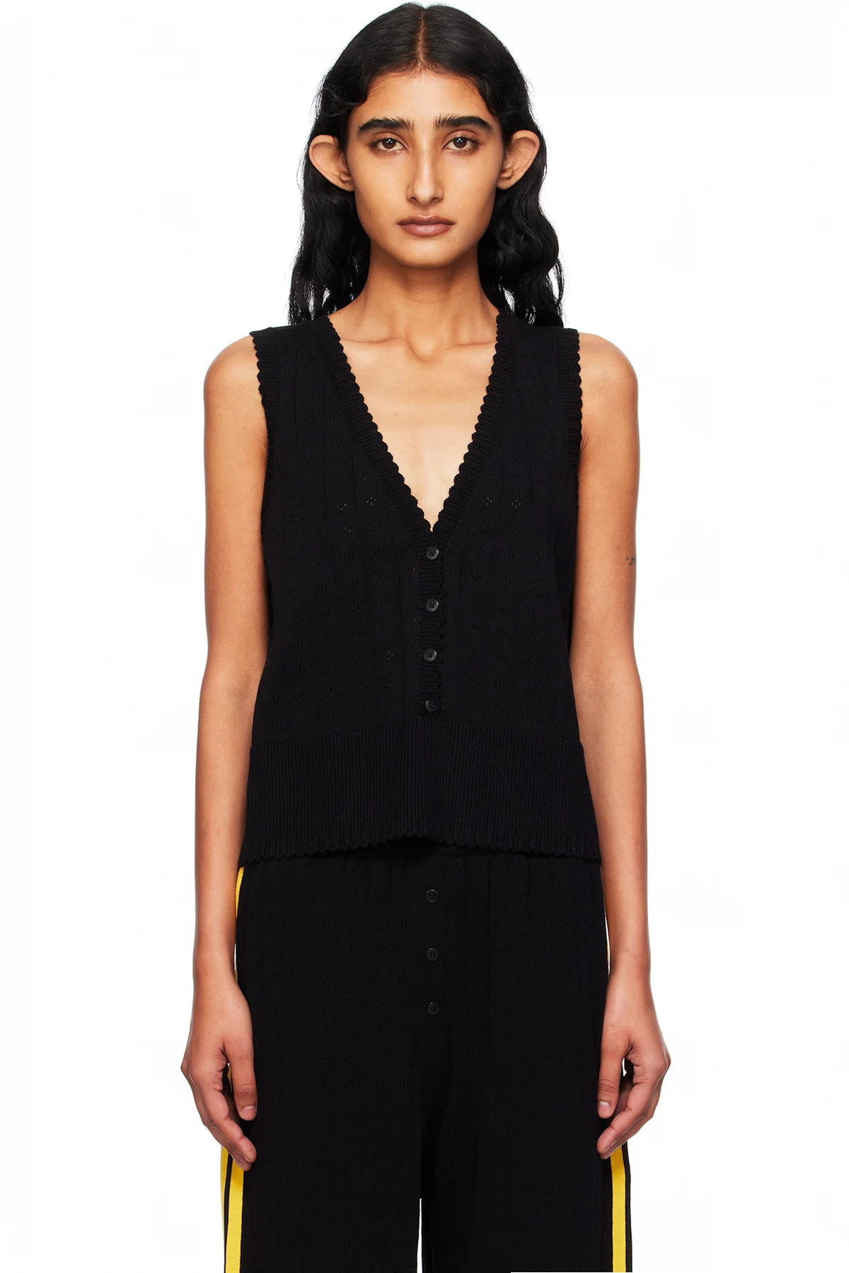 Black Organic Cotton Pointelle Waistcoat Cardigan