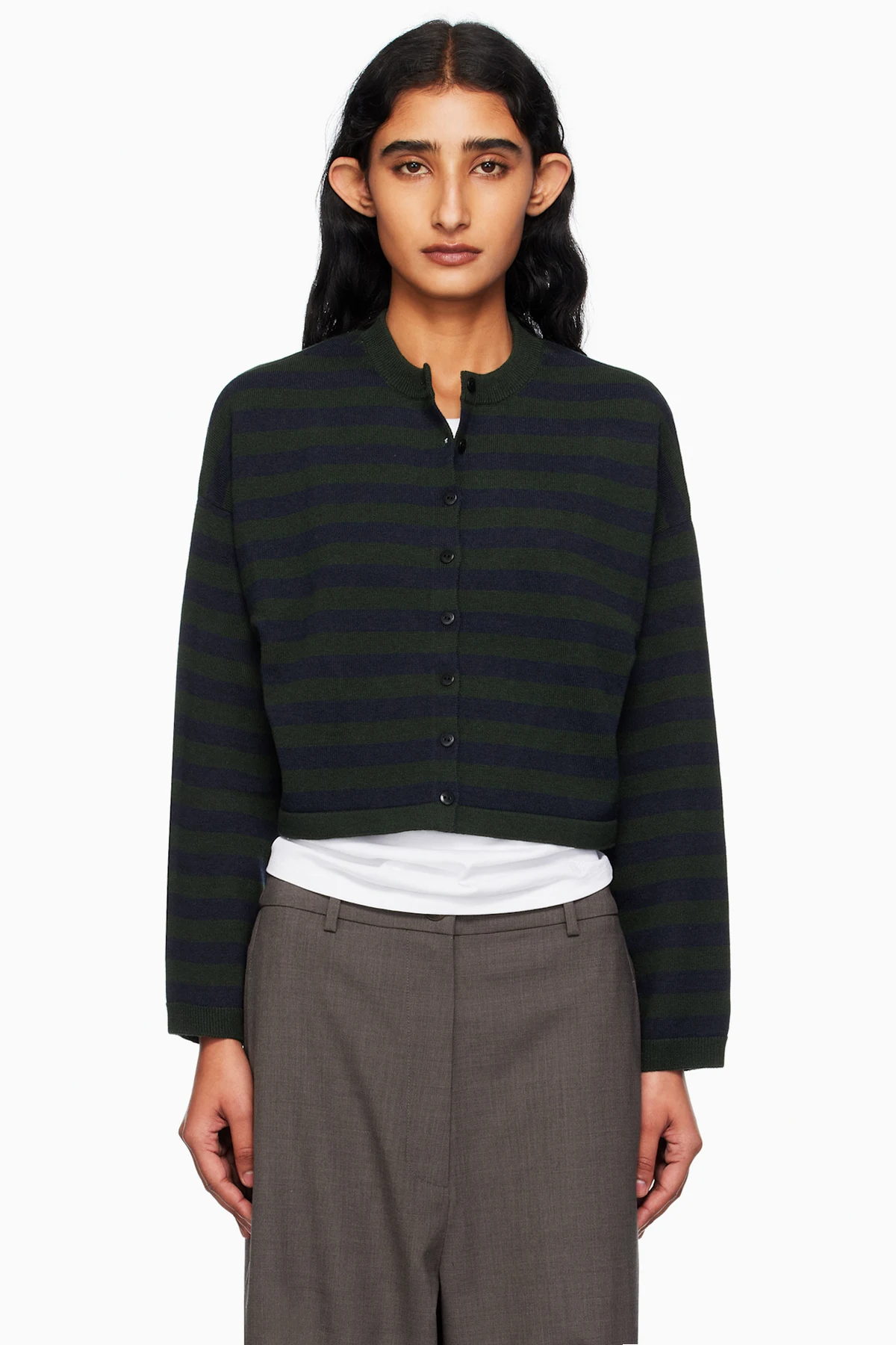 Green Merino Wool Striped Cardigan