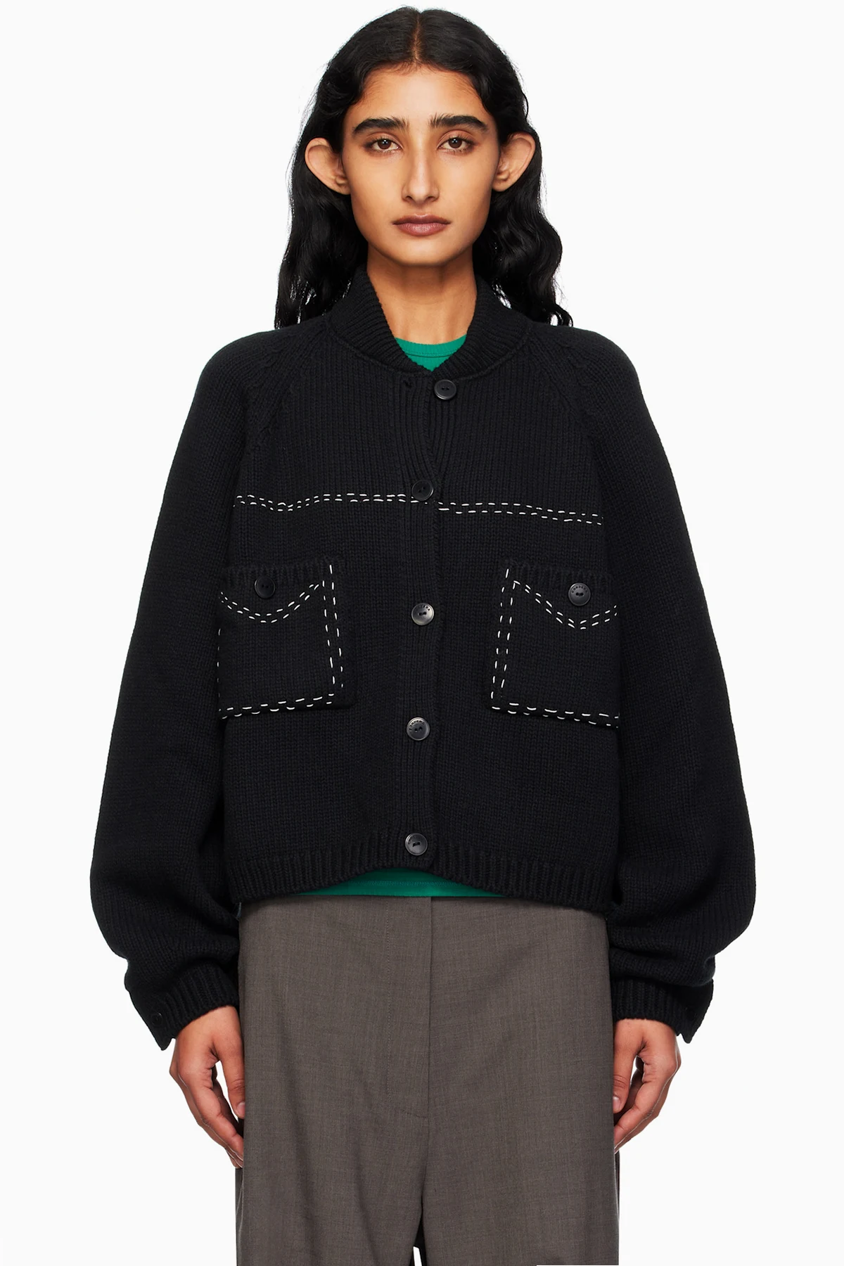 Black Merino Wool Stitched Cardigan