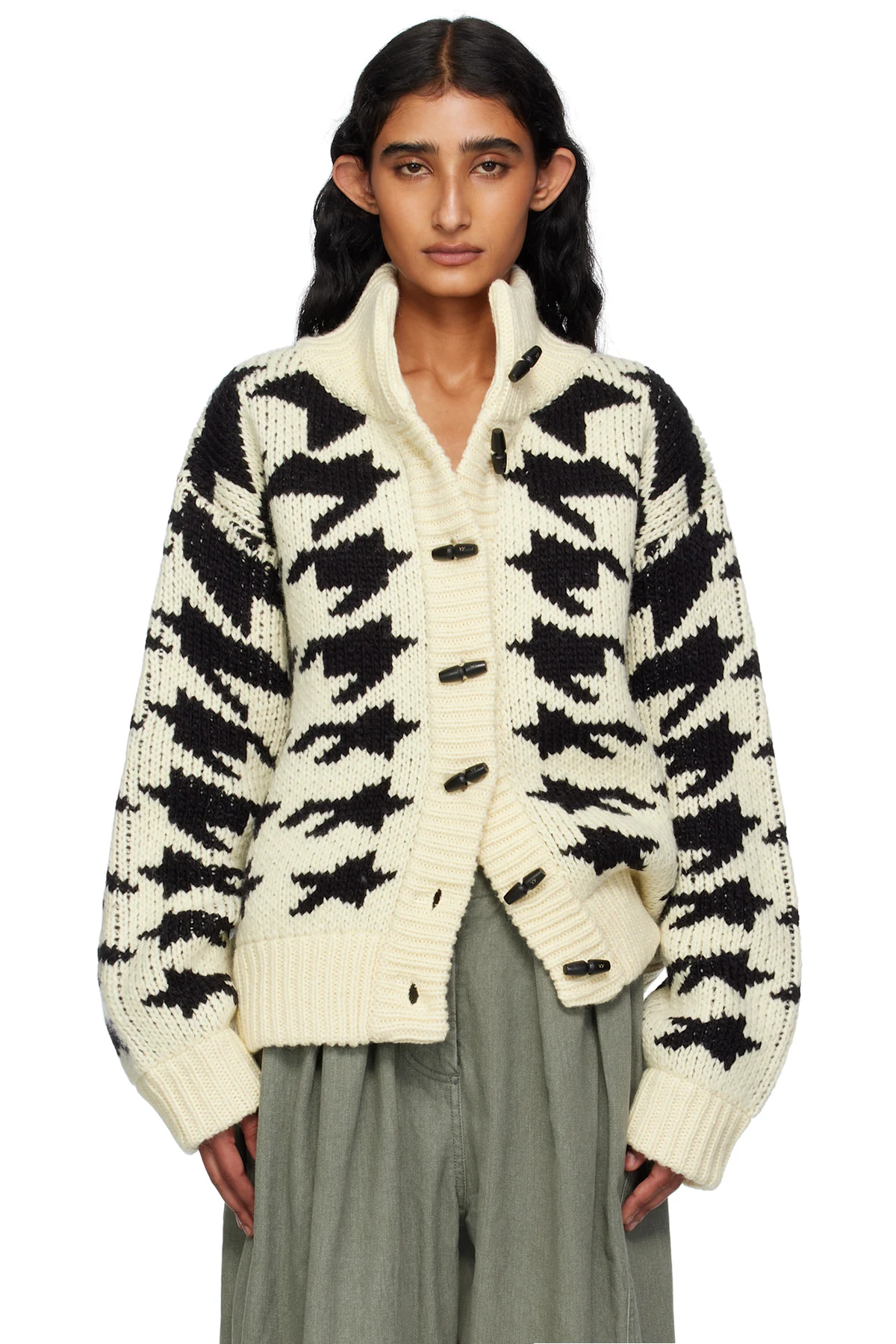Off-White & Black Hound's Tooth Star Cowichan Cardigan