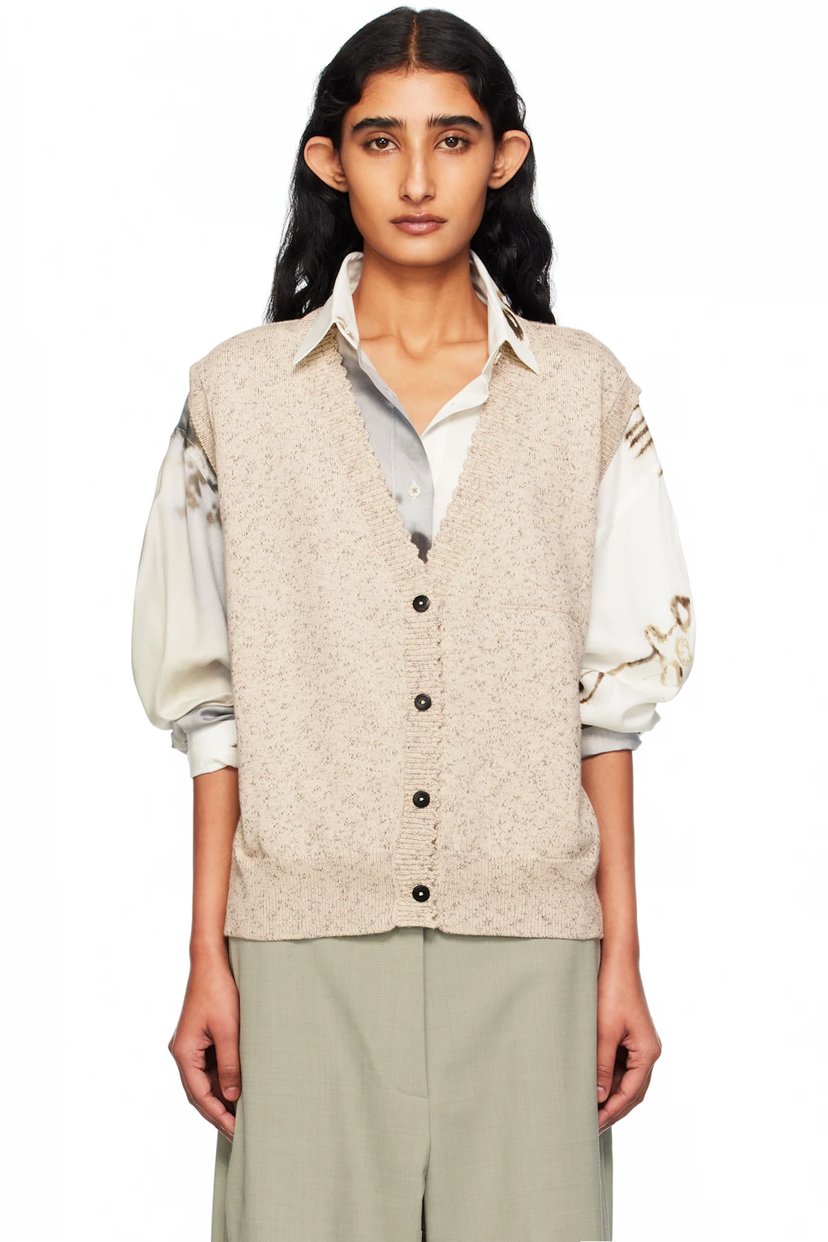 Beige Flecked Cotton Waistcoat Cardigan