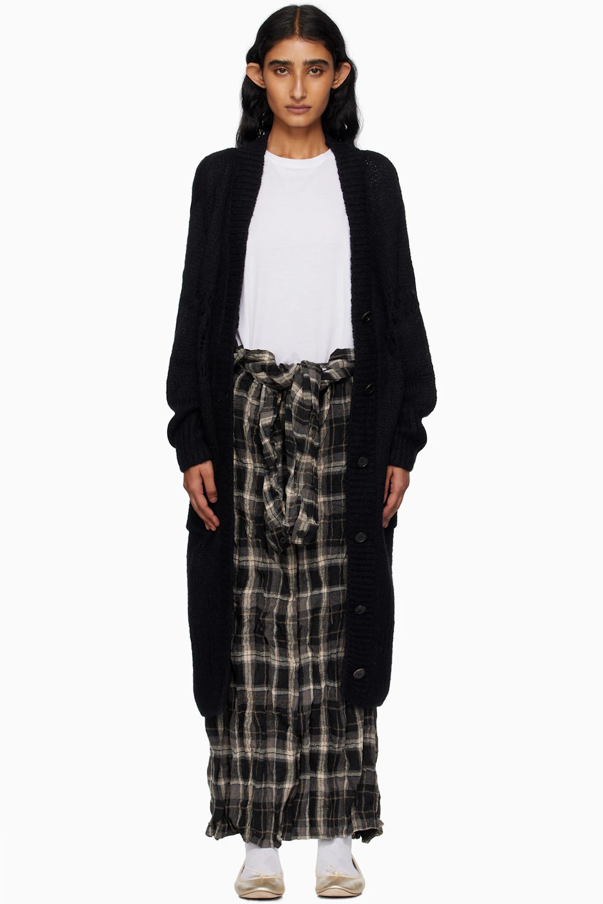 Black Alpaca Argyle Pointelle Long Cardigan