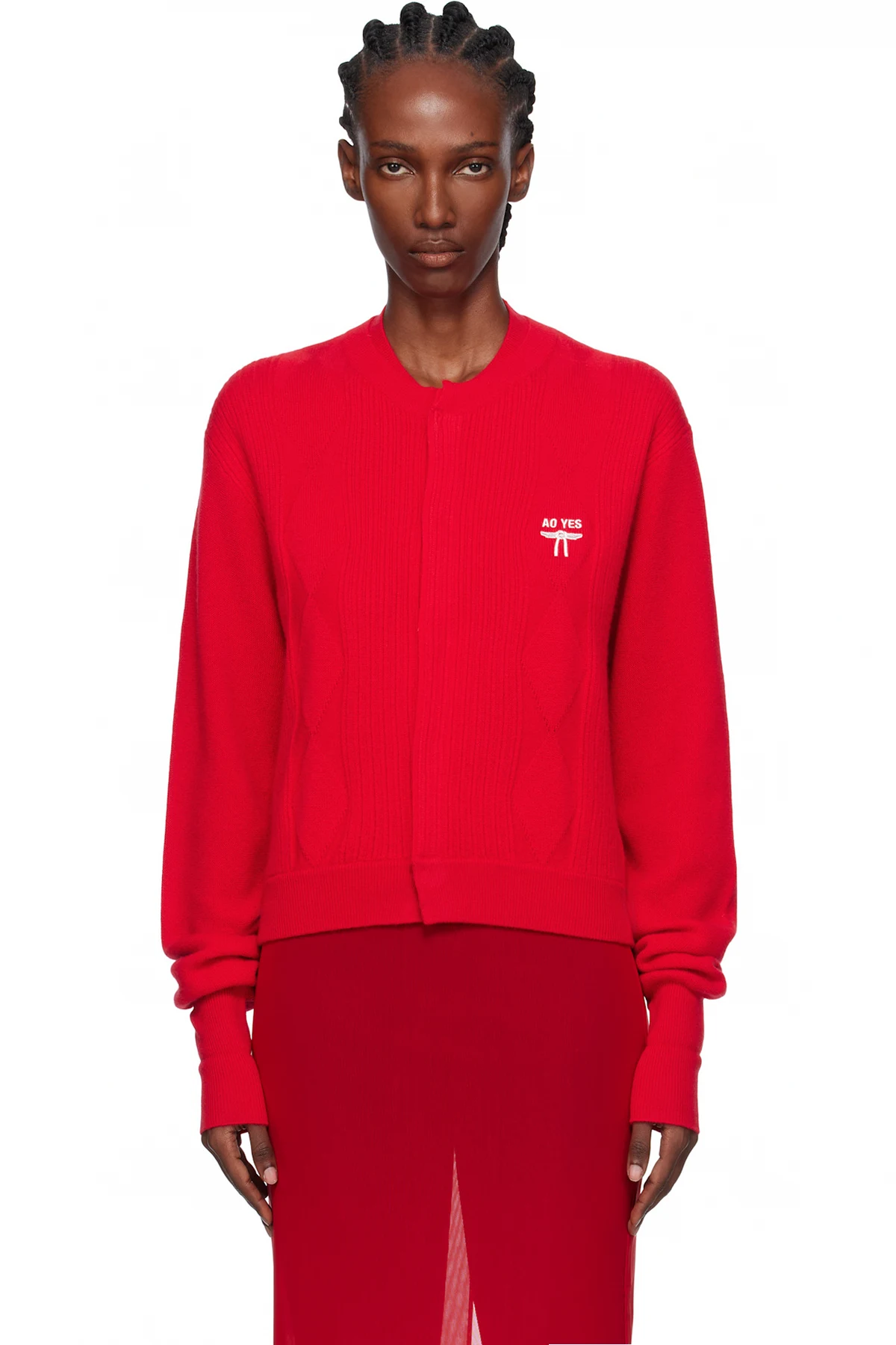 Red Double Collar Logo Embroidery Cardigan