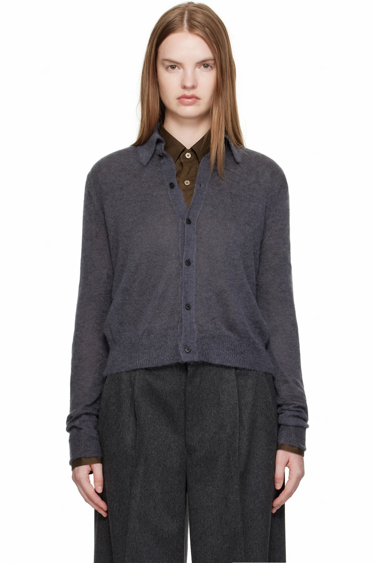 Gray Kid Mohair Sheer Knit Shirt Cardigan
