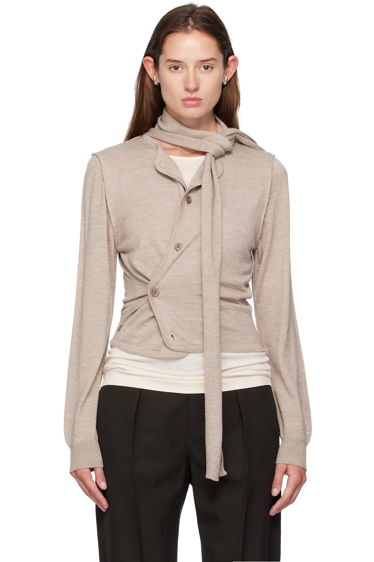 Beige Scarf Twisted Cardigan