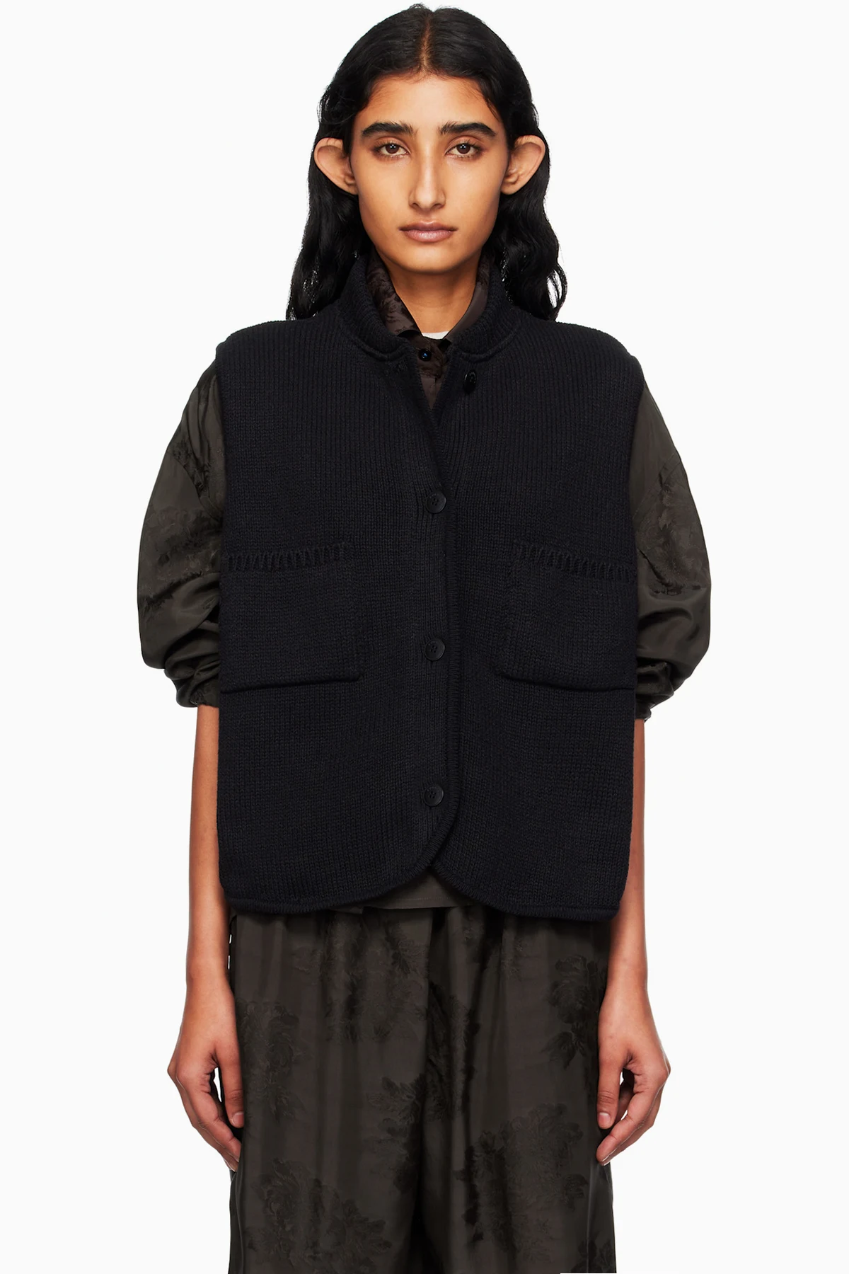 Black Boxy Cotton Waistcoat Cardigan