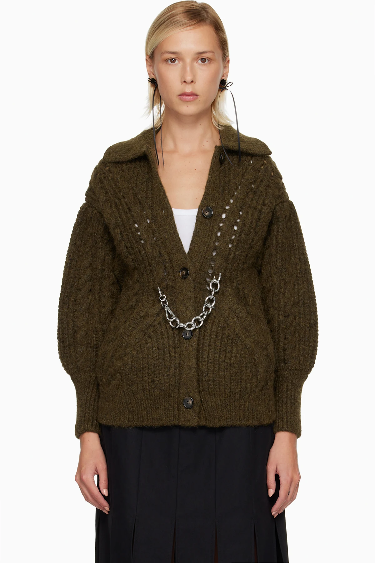 Khaki Sculpted Chunky Knit Chain Detail Cardigan