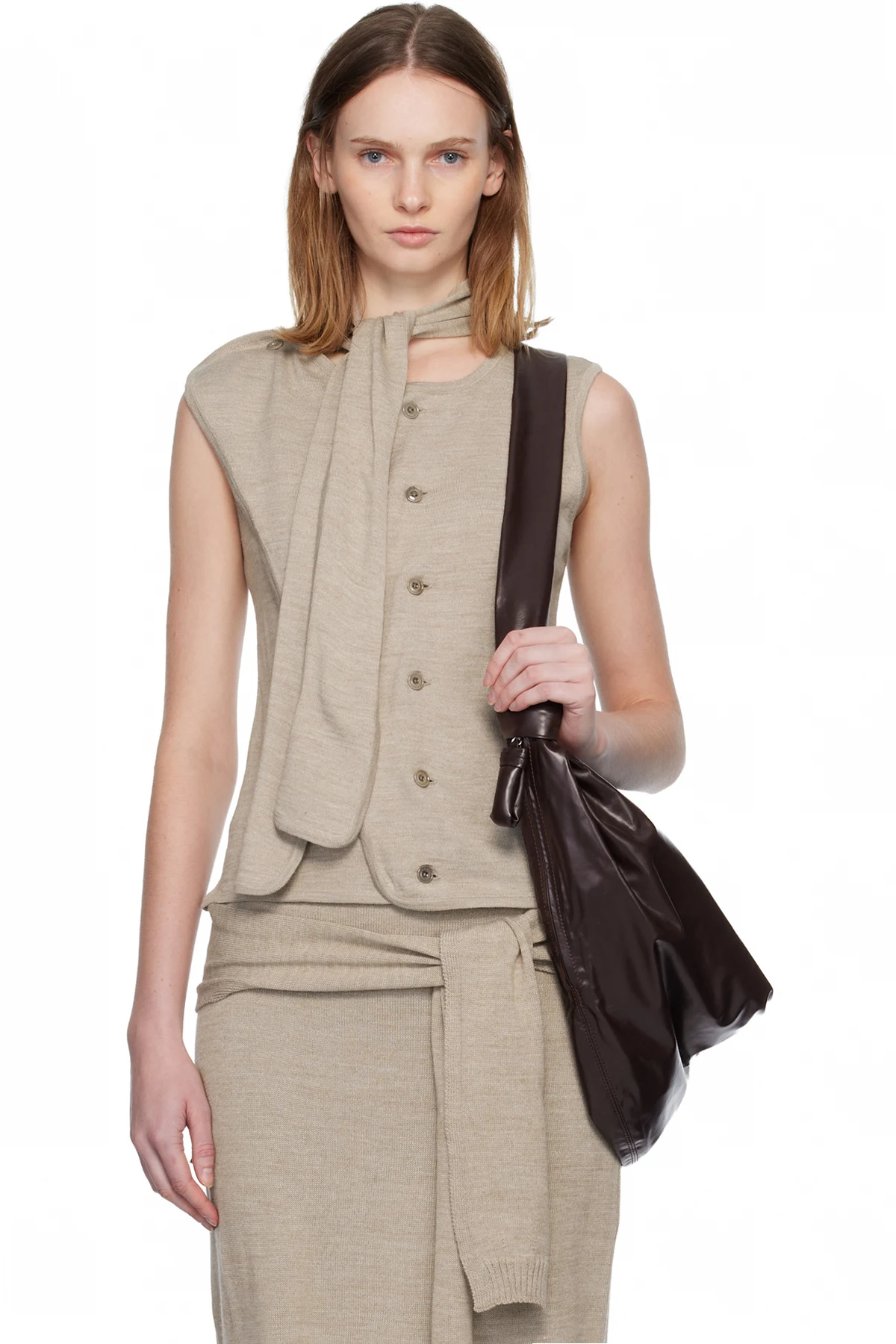 Beige Asymmetrical Sleeveless Cardigan