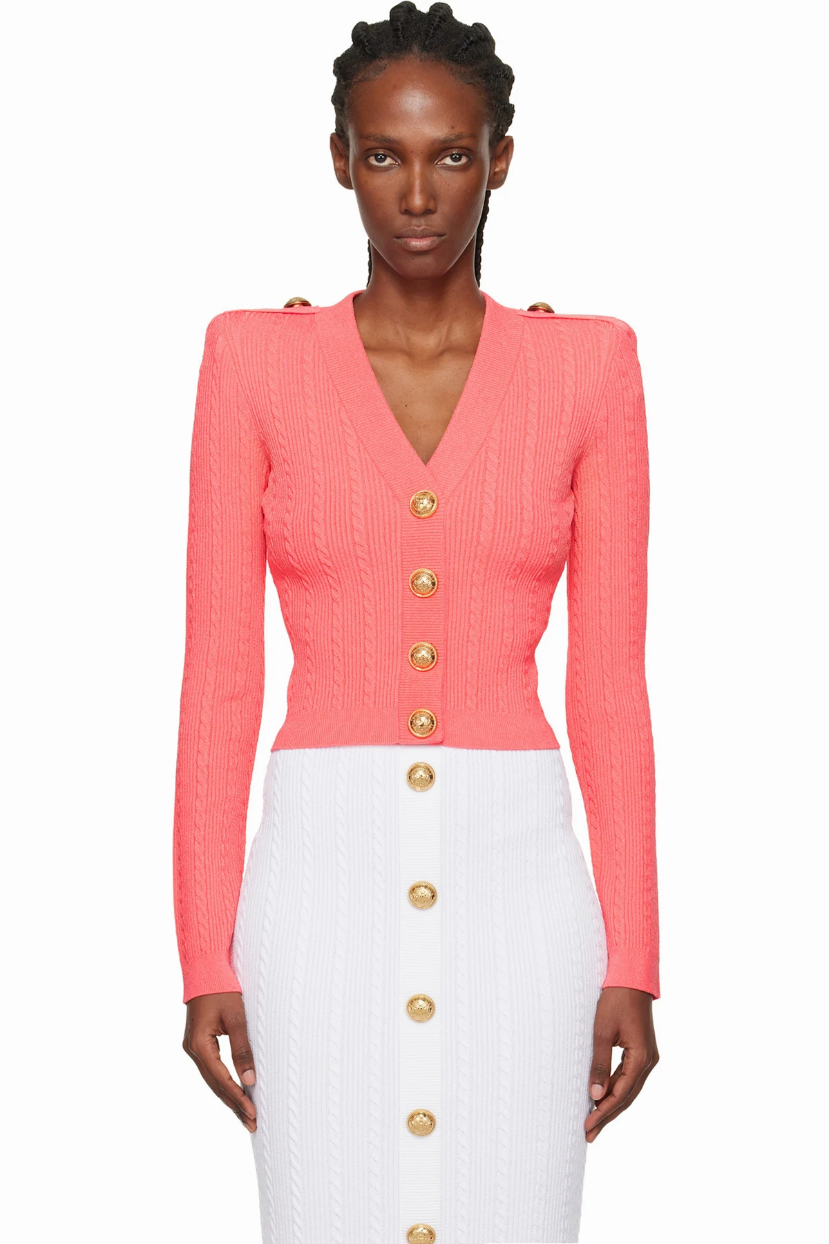 Pink Long-Sleeve Cable-Knit Cardigan