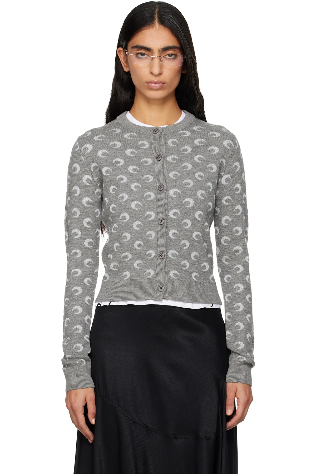 Gray Moon Jacquard Knit Fitted Cardigan