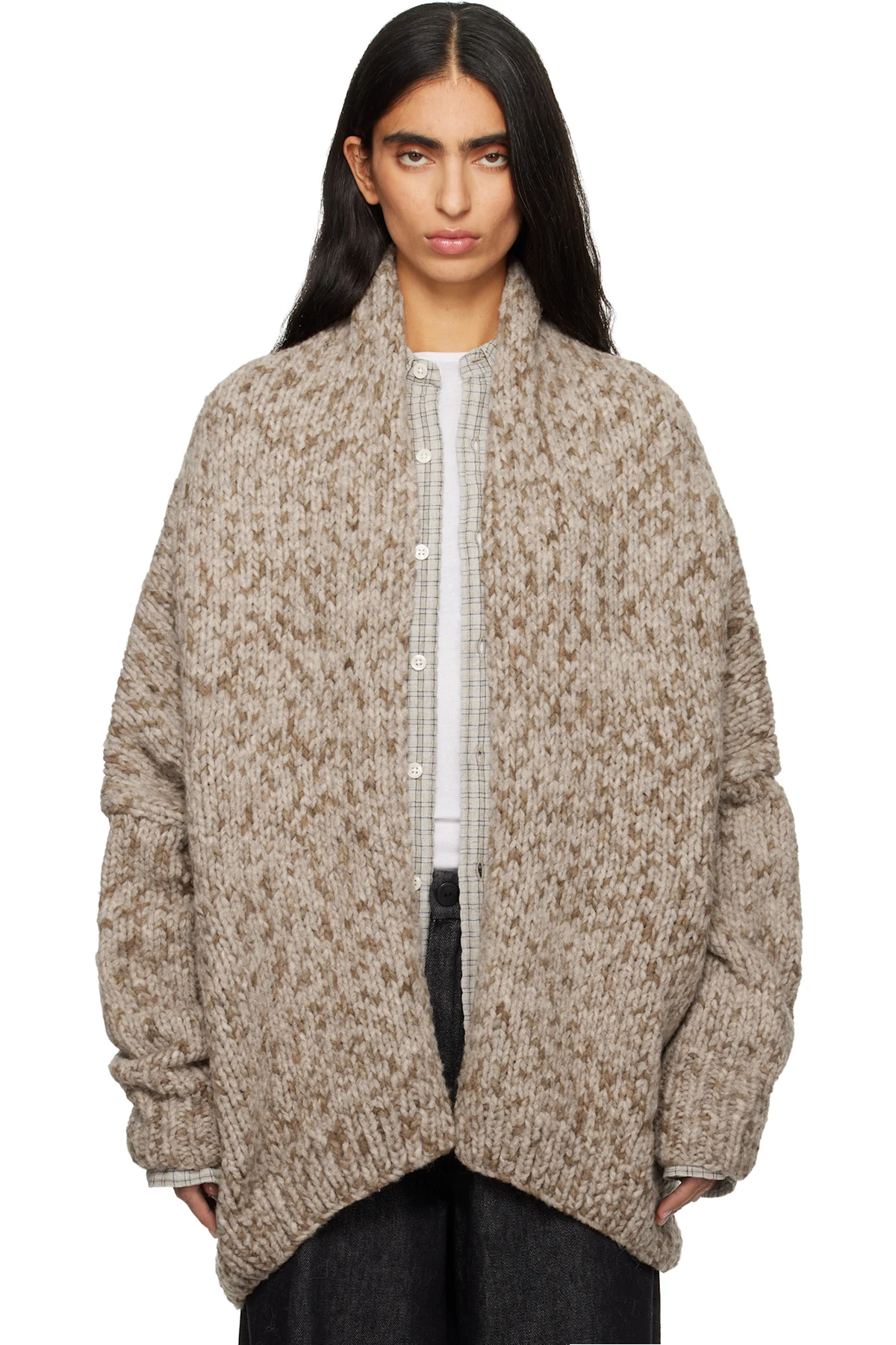 Beige Handknit Paint L/S Cocoon Cardigan