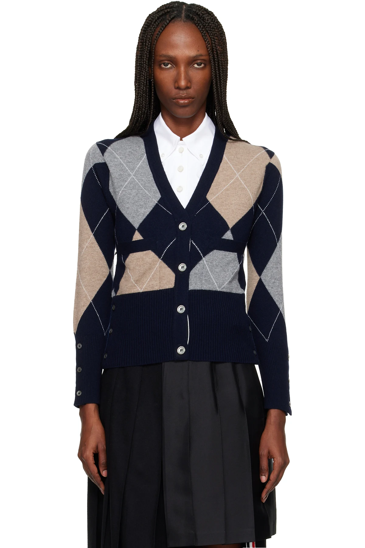Navy Argyle Intarsia Cashmere V Neck Cardigan