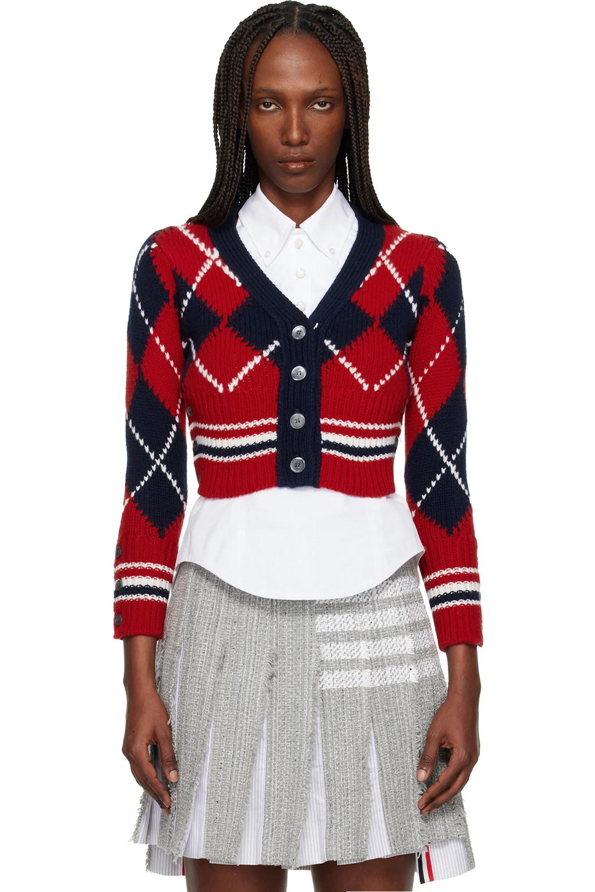 Red Argyle Intarsia Merino Wool Shrunken Cardigan