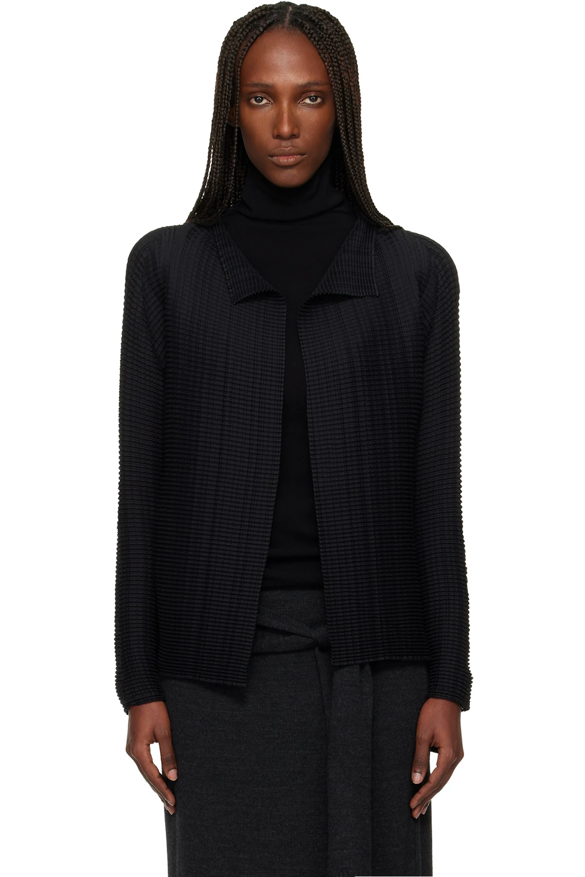 Black Wooly Pleats Cardigan