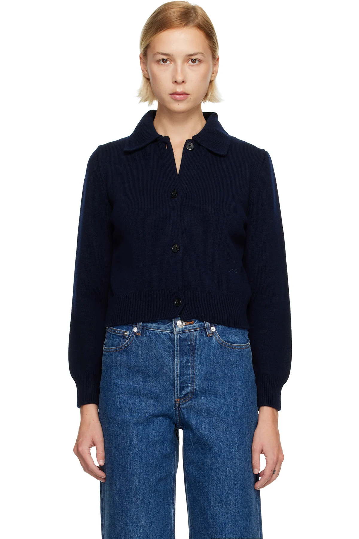 Navy Polo Shirt Collar Cardigan