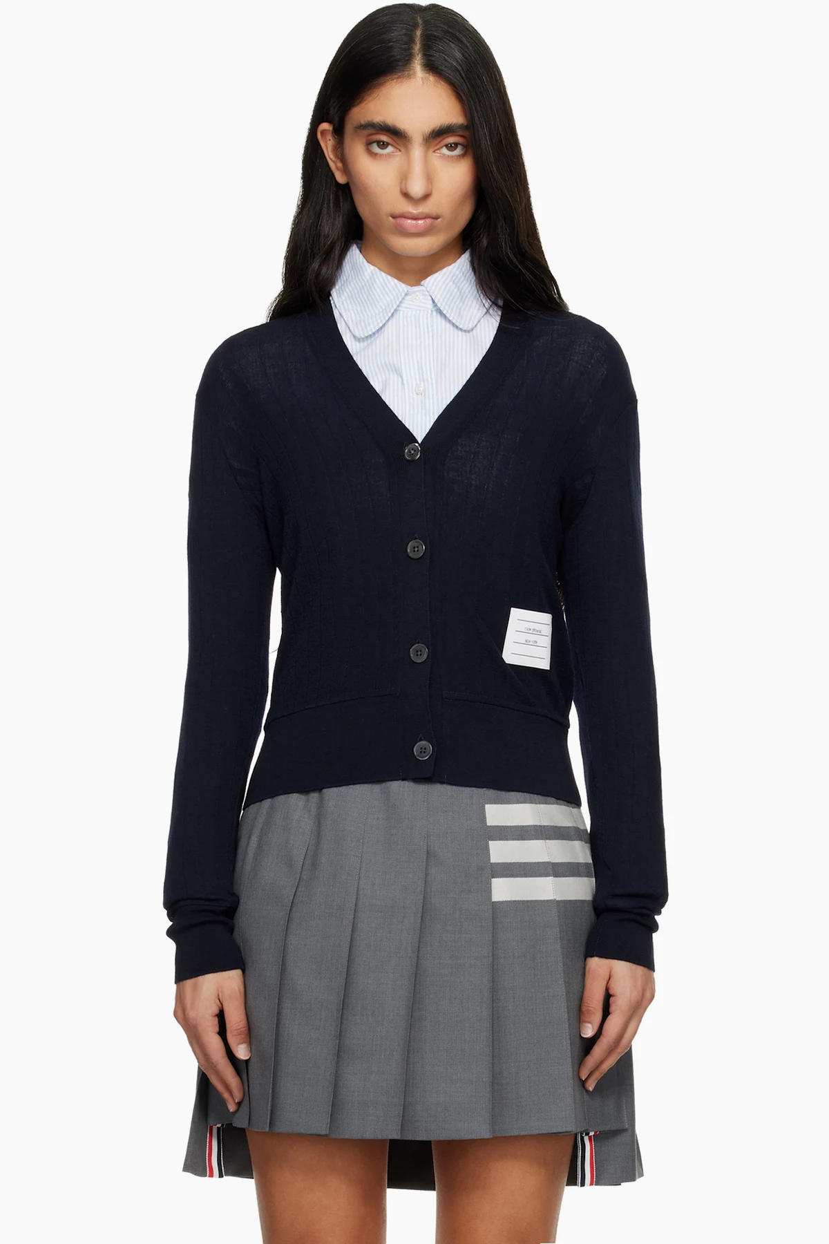Navy Wide Wool Rib V-Neck Cardigan