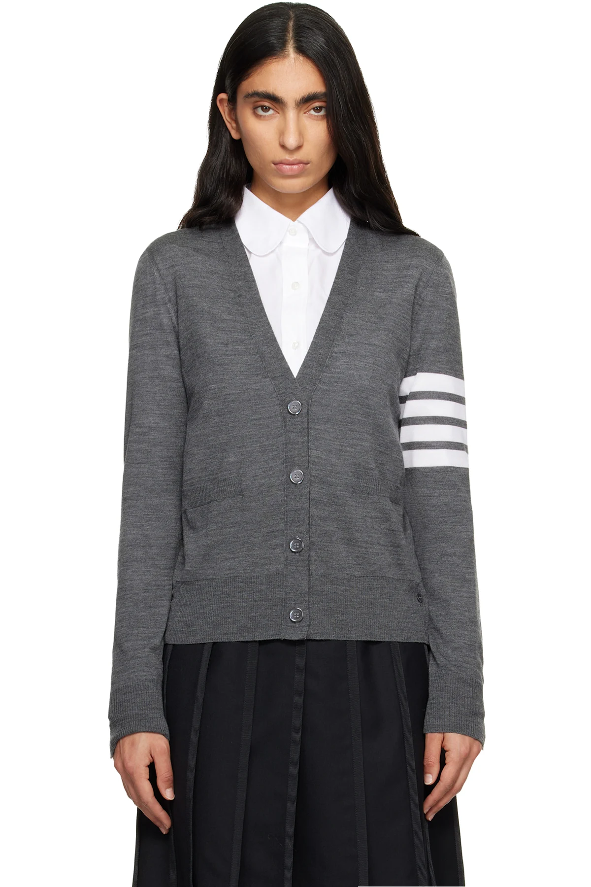 Gray Merino Wool 4-Bar Relaxed Fit V-Neck Cardigan