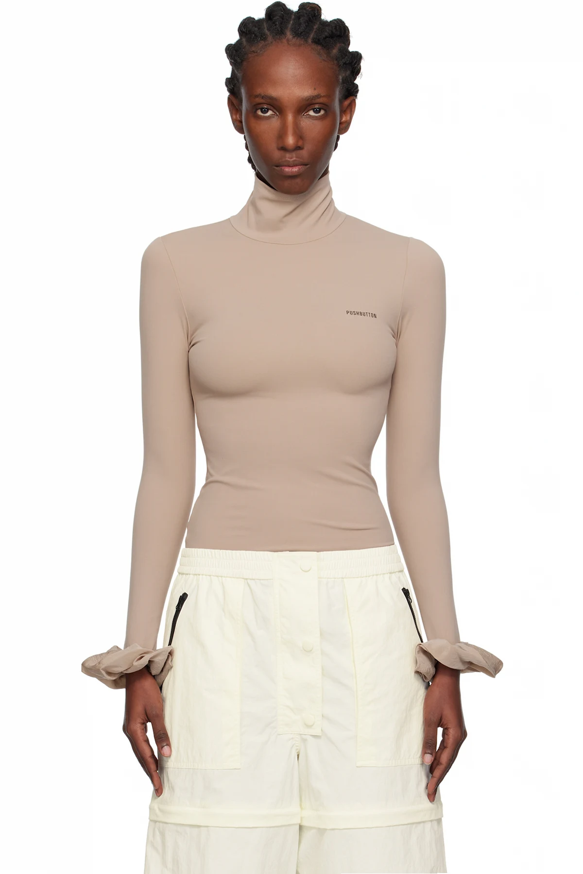 Beige Scrunchie Sleeve Jersey Turtleneck