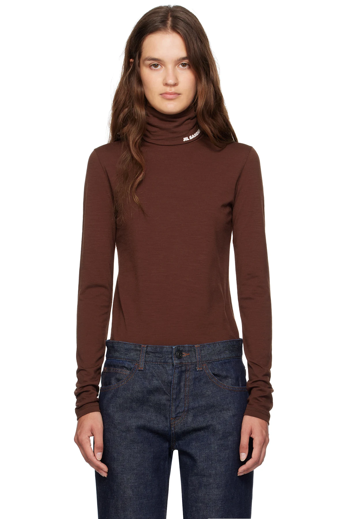 Brown Lightweight Wool Blend High-Neck T-Shirt
