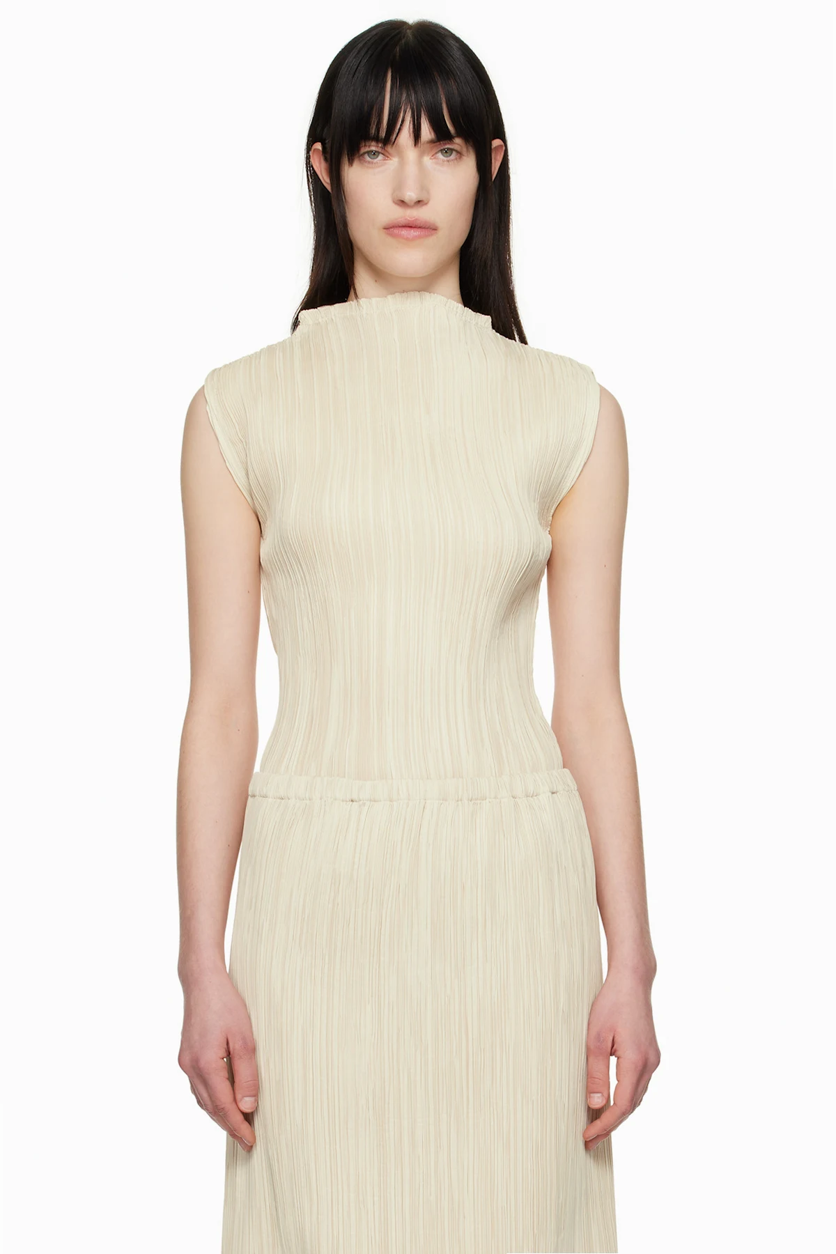 Beige Pleated Mock Neck Sleeveless Top