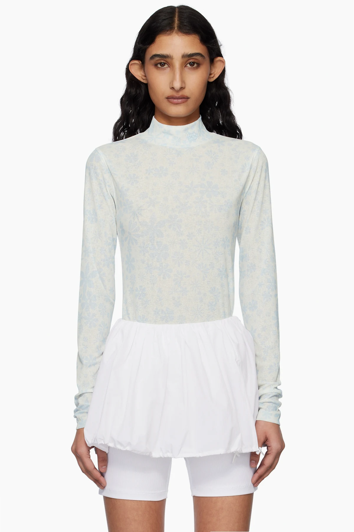 Blue & Off-White Flower Jersey Turtleneck