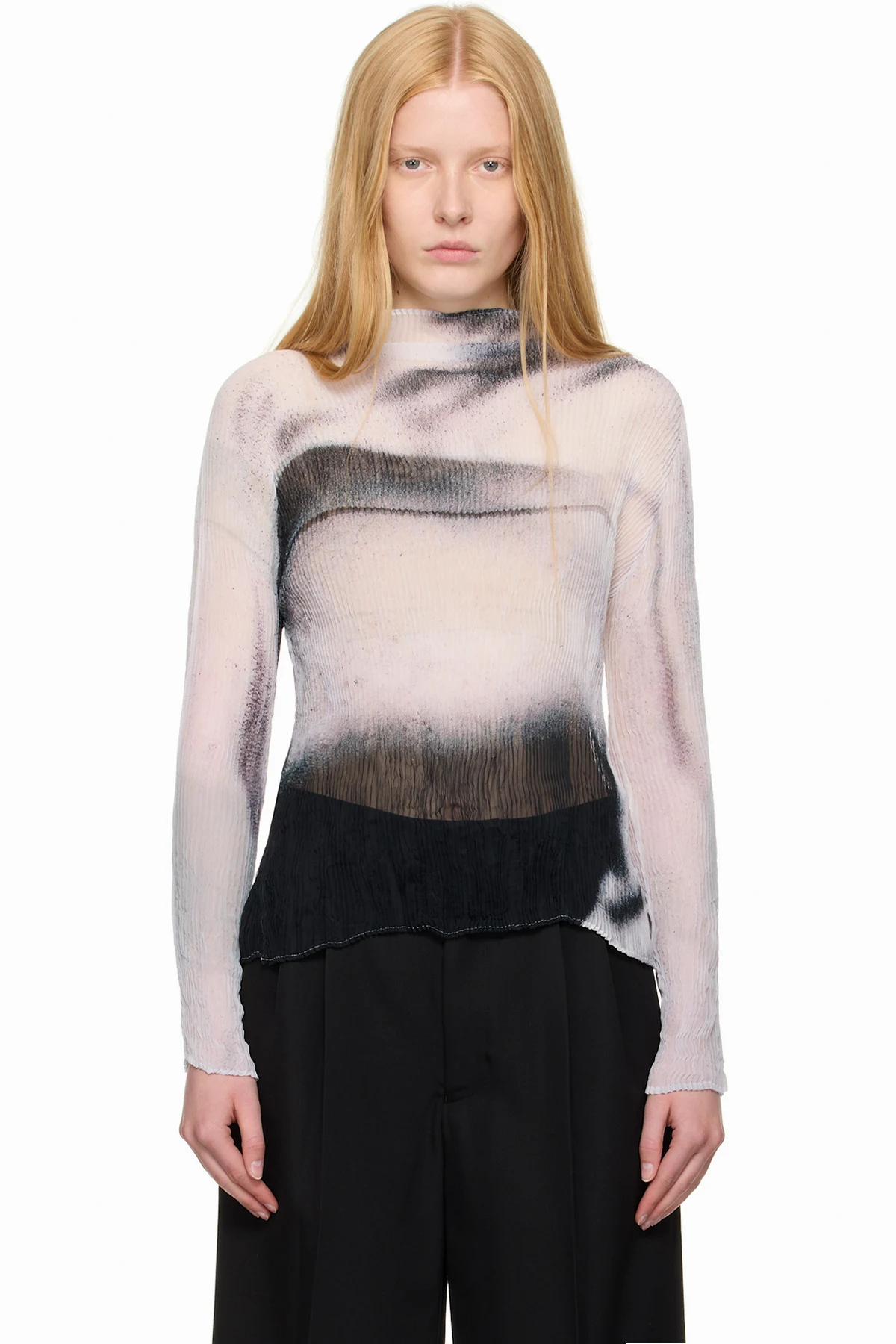 White & Black Shadow Study Pleats Chiffon Twist Turtleneck