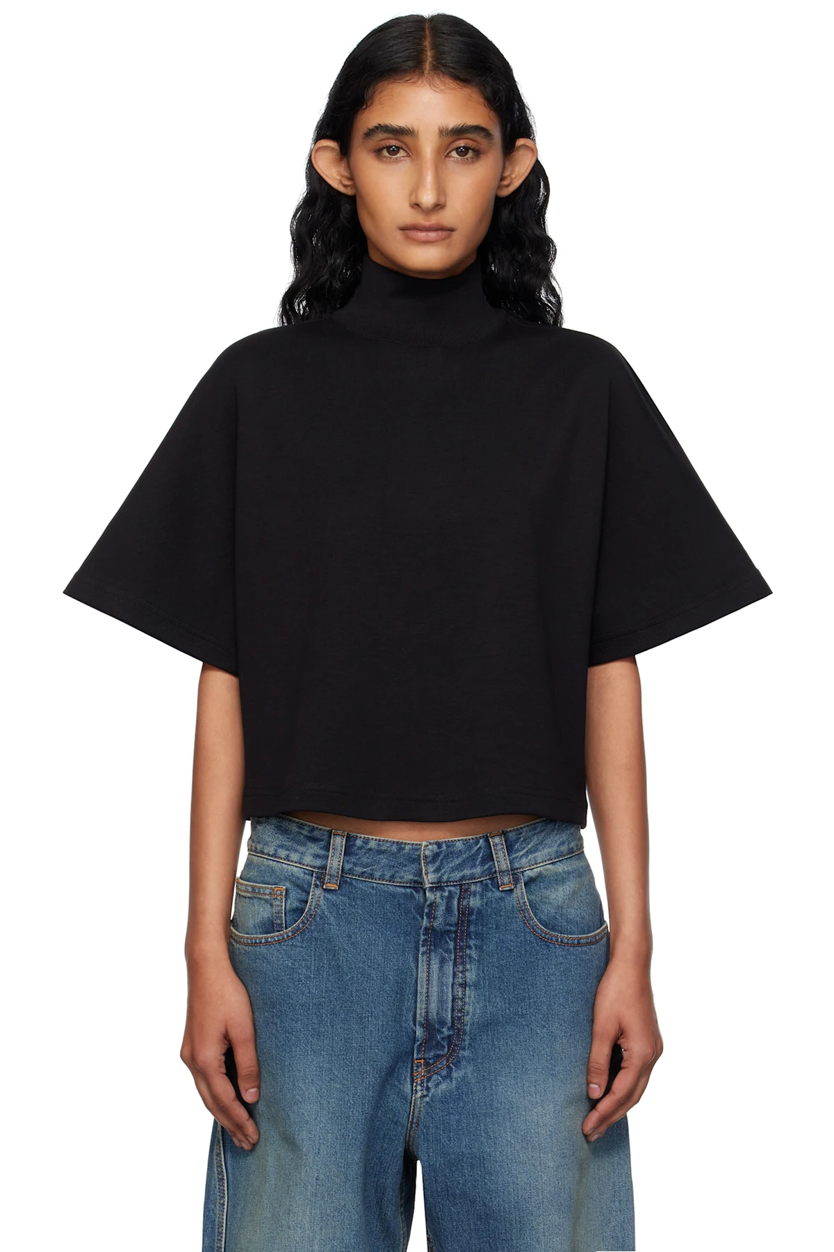 Black Ribbed Cotton High Neck T-shirt
