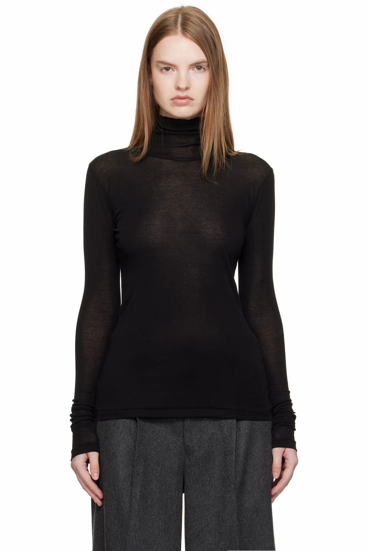 Black Super High Gauge Sheer Rib Turtleneck