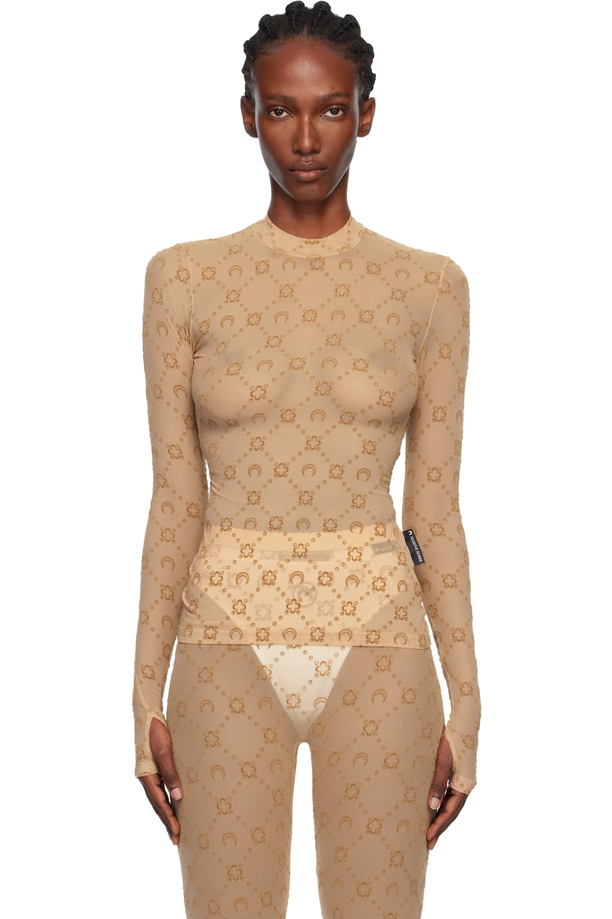 Tan Recycled Mesh Flock Second Skin Highneck Top